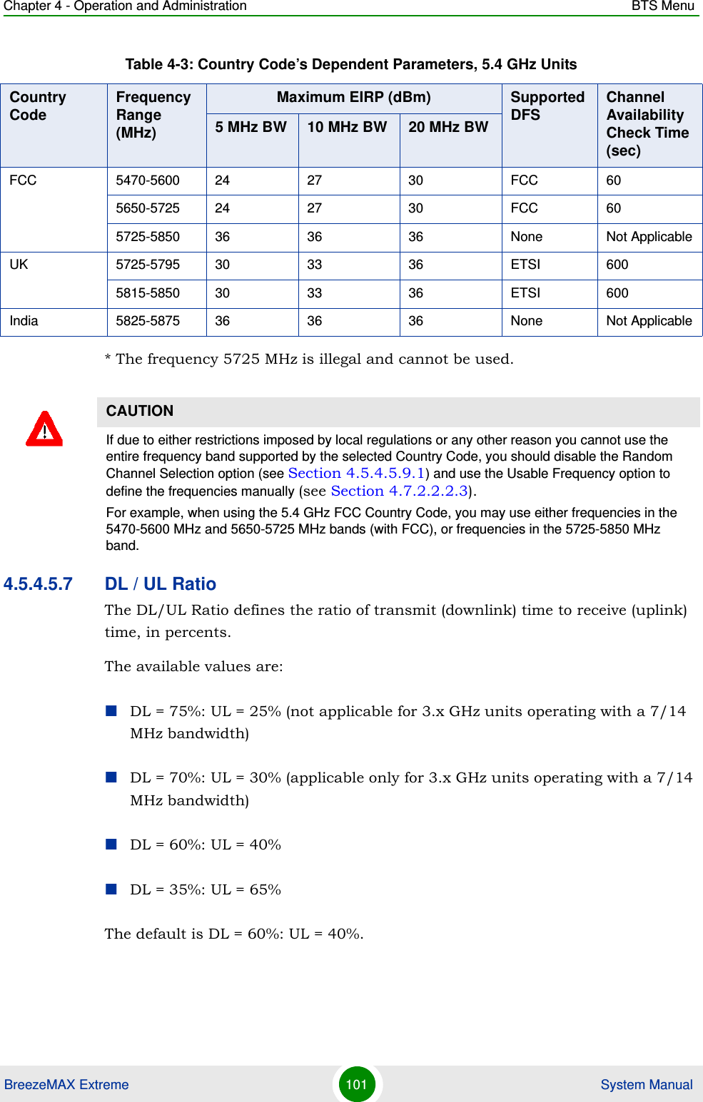 Chapter 4 - Operation and Administration BTS MenuBreezeMAX Extreme 101  System Manual* The frequency 5725 MHz is illegal and cannot be used.4.5.4.5.7 DL / UL RatioThe DL/UL Ratio defines the ratio of transmit (downlink) time to receive (uplink) time, in percents.The available values are:DL = 75%: UL = 25% (not applicable for 3.x GHz units operating with a 7/14 MHz bandwidth)DL = 70%: UL = 30% (applicable only for 3.x GHz units operating with a 7/14 MHz bandwidth)DL = 60%: UL = 40%DL = 35%: UL = 65%The default is DL = 60%: UL = 40%.FCC 5470-5600 24 27 30 FCC 605650-5725 24 27 30 FCC 605725-5850 36 36 36 None Not ApplicableUK 5725-5795 30 33 36 ETSI 6005815-5850 30 33 36 ETSI 600India 5825-5875 36 36 36 None Not ApplicableCAUTIONIf due to either restrictions imposed by local regulations or any other reason you cannot use the entire frequency band supported by the selected Country Code, you should disable the Random Channel Selection option (see Section 4.5.4.5.9.1) and use the Usable Frequency option to define the frequencies manually (see Section 4.7.2.2.2.3).For example, when using the 5.4 GHz FCC Country Code, you may use either frequencies in the 5470-5600 MHz and 5650-5725 MHz bands (with FCC), or frequencies in the 5725-5850 MHz band.Table 4-3: Country Code’s Dependent Parameters, 5.4 GHz UnitsCountry Code Frequency Range (MHz)Maximum EIRP (dBm) Supported DFS Channel Availability Check Time (sec)5 MHz BW 10 MHz BW 20 MHz BW