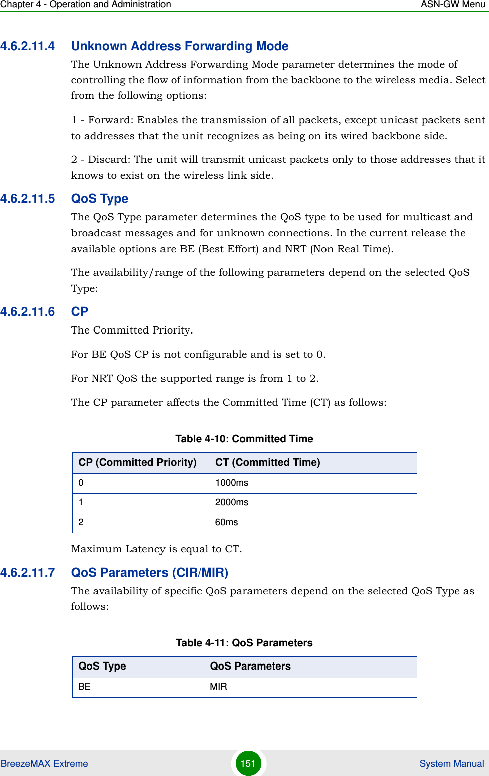 Chapter 4 - Operation and Administration ASN-GW MenuBreezeMAX Extreme 151  System Manual4.6.2.11.4 Unknown Address Forwarding ModeThe Unknown Address Forwarding Mode parameter determines the mode of controlling the flow of information from the backbone to the wireless media. Select from the following options:1 - Forward: Enables the transmission of all packets, except unicast packets sent to addresses that the unit recognizes as being on its wired backbone side. 2 - Discard: The unit will transmit unicast packets only to those addresses that it knows to exist on the wireless link side.4.6.2.11.5 QoS TypeThe QoS Type parameter determines the QoS type to be used for multicast and broadcast messages and for unknown connections. In the current release the available options are BE (Best Effort) and NRT (Non Real Time).The availability/range of the following parameters depend on the selected QoS Type:4.6.2.11.6 CPThe Committed Priority.For BE QoS CP is not configurable and is set to 0.For NRT QoS the supported range is from 1 to 2.The CP parameter affects the Committed Time (CT) as follows:Maximum Latency is equal to CT.4.6.2.11.7 QoS Parameters (CIR/MIR)The availability of specific QoS parameters depend on the selected QoS Type as follows:Table 4-10: Committed TimeCP (Committed Priority) CT (Committed Time)0 1000ms1 2000ms260msTable 4-11: QoS ParametersQoS Type QoS ParametersBE MIR