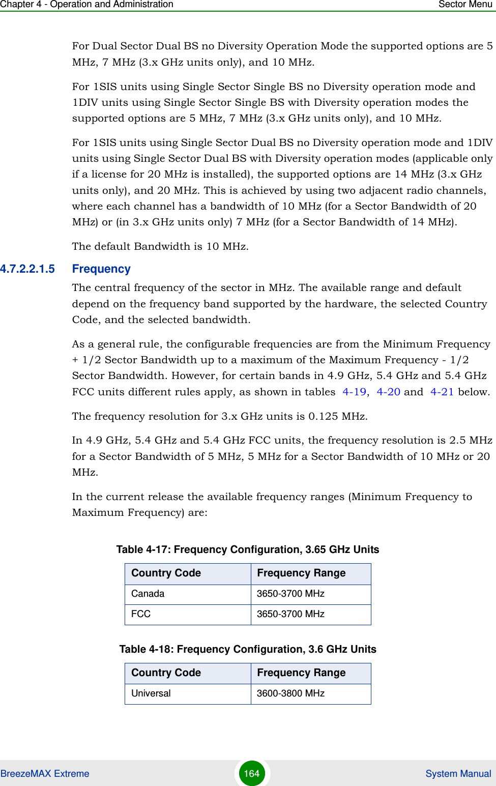 Chapter 4 - Operation and Administration Sector MenuBreezeMAX Extreme 164  System ManualFor Dual Sector Dual BS no Diversity Operation Mode the supported options are 5 MHz, 7 MHz (3.x GHz units only), and 10 MHz.For 1SIS units using Single Sector Single BS no Diversity operation mode and 1DIV units using Single Sector Single BS with Diversity operation modes the supported options are 5 MHz, 7 MHz (3.x GHz units only), and 10 MHz.For 1SIS units using Single Sector Dual BS no Diversity operation mode and 1DIV units using Single Sector Dual BS with Diversity operation modes (applicable only if a license for 20 MHz is installed), the supported options are 14 MHz (3.x GHz units only), and 20 MHz. This is achieved by using two adjacent radio channels, where each channel has a bandwidth of 10 MHz (for a Sector Bandwidth of 20 MHz) or (in 3.x GHz units only) 7 MHz (for a Sector Bandwidth of 14 MHz).The default Bandwidth is 10 MHz.4.7.2.2.1.5 FrequencyThe central frequency of the sector in MHz. The available range and default depend on the frequency band supported by the hardware, the selected Country Code, and the selected bandwidth.As a general rule, the configurable frequencies are from the Minimum Frequency + 1/2 Sector Bandwidth up to a maximum of the Maximum Frequency - 1/2 Sector Bandwidth. However, for certain bands in 4.9 GHz, 5.4 GHz and 5.4 GHz FCC units different rules apply, as shown in tables  4-19,  4-20 and  4-21 below.The frequency resolution for 3.x GHz units is 0.125 MHz.In 4.9 GHz, 5.4 GHz and 5.4 GHz FCC units, the frequency resolution is 2.5 MHz for a Sector Bandwidth of 5 MHz, 5 MHz for a Sector Bandwidth of 10 MHz or 20 MHz.In the current release the available frequency ranges (Minimum Frequency to Maximum Frequency) are:Table 4-17: Frequency Configuration, 3.65 GHz UnitsCountry Code Frequency RangeCanada 3650-3700 MHzFCC 3650-3700 MHzTable 4-18: Frequency Configuration, 3.6 GHz UnitsCountry Code Frequency RangeUniversal 3600-3800 MHz