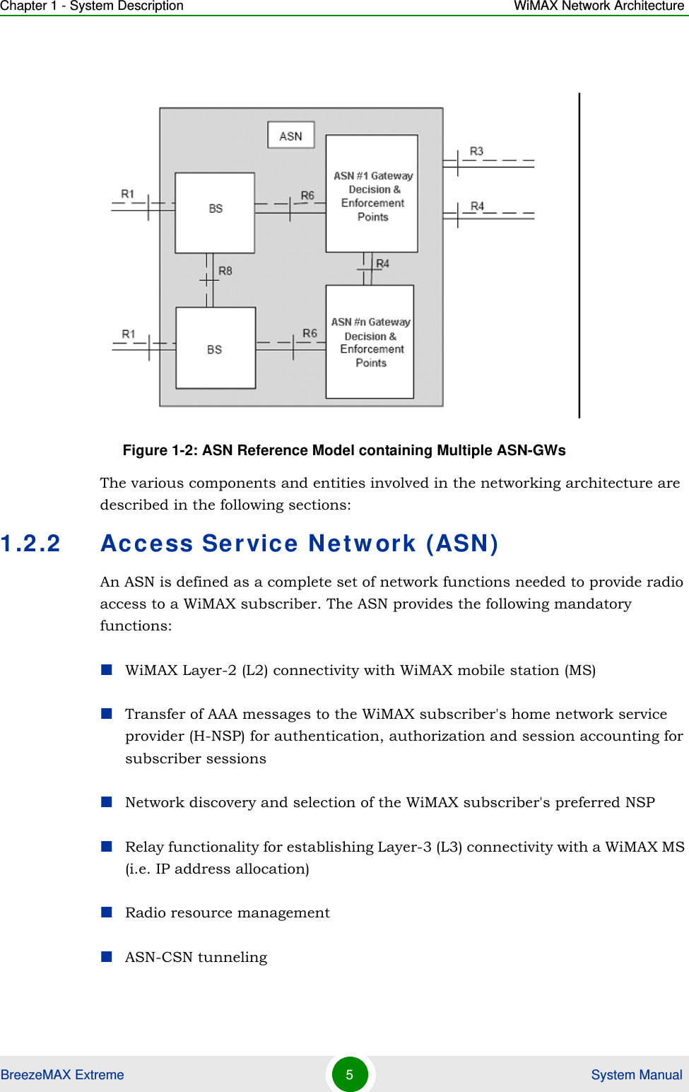 Chapter 1 - System Description WiMAX Network ArchitectureBreezeMAX Extreme 5 System Manual The various components and entities involved in the networking architecture are described in the following sections:1.2.2 Access Service Network (ASN)An ASN is defined as a complete set of network functions needed to provide radio access to a WiMAX subscriber. The ASN provides the following mandatory functions:WiMAX Layer-2 (L2) connectivity with WiMAX mobile station (MS) Transfer of AAA messages to the WiMAX subscriber&apos;s home network service provider (H-NSP) for authentication, authorization and session accounting for subscriber sessionsNetwork discovery and selection of the WiMAX subscriber&apos;s preferred NSPRelay functionality for establishing Layer-3 (L3) connectivity with a WiMAX MS (i.e. IP address allocation)Radio resource managementASN-CSN tunnelingFigure 1-2: ASN Reference Model containing Multiple ASN-GWs