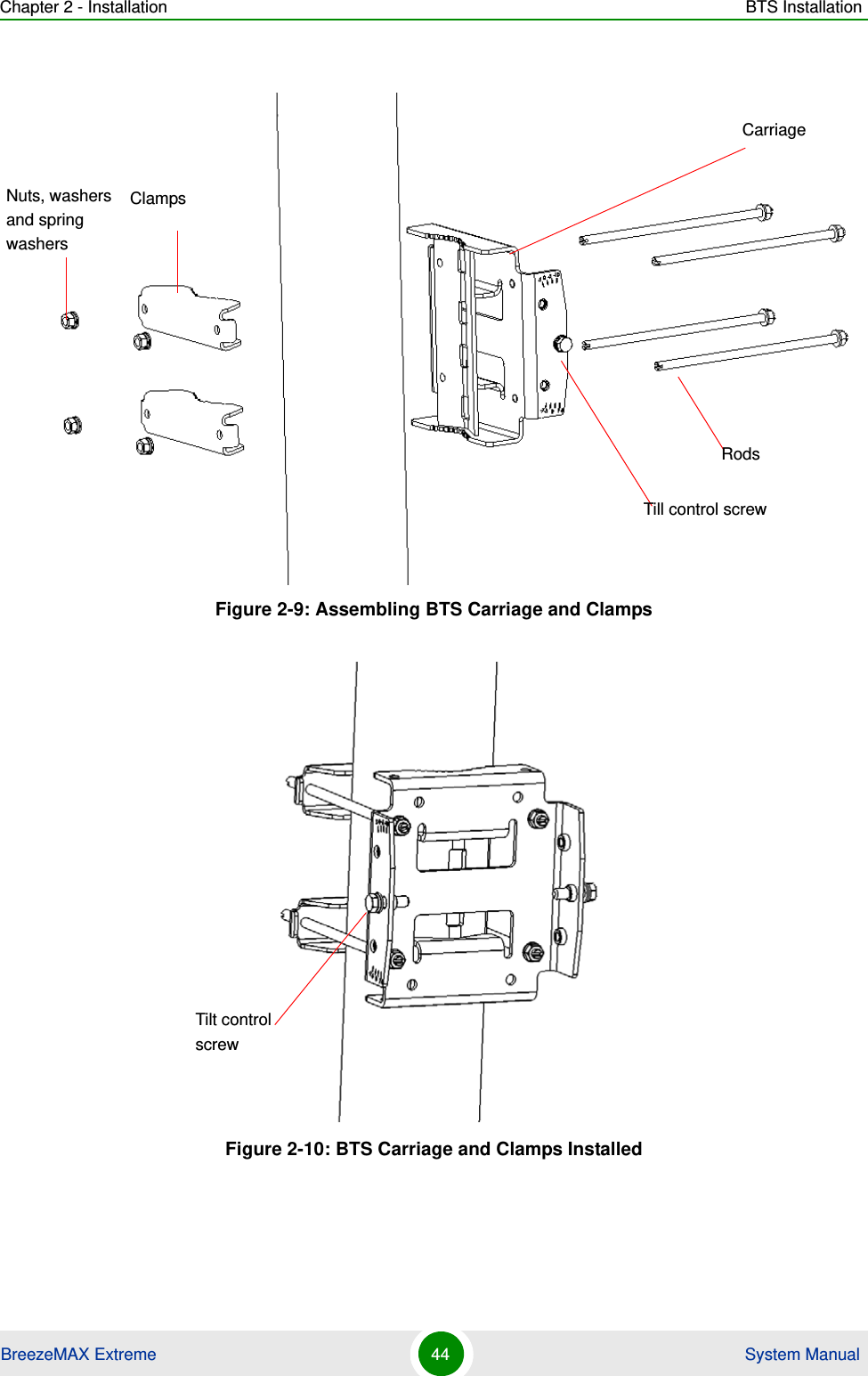 Chapter 2 - Installation BTS InstallationBreezeMAX Extreme 44  System ManualFigure 2-9: Assembling BTS Carriage and ClampsFigure 2-10: BTS Carriage and Clamps InstalledCarriageTill control screwClampsRodsNuts, washers and spring washersTilt control screw