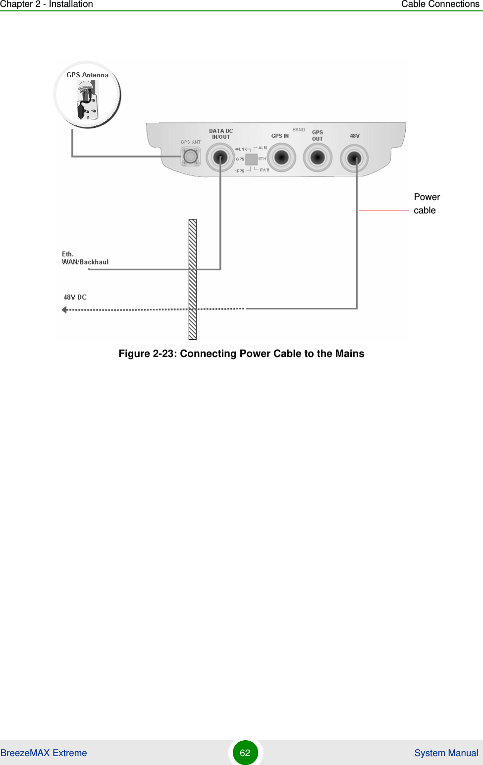 Chapter 2 - Installation Cable ConnectionsBreezeMAX Extreme 62  System ManualFigure 2-23: Connecting Power Cable to the MainsPower cable