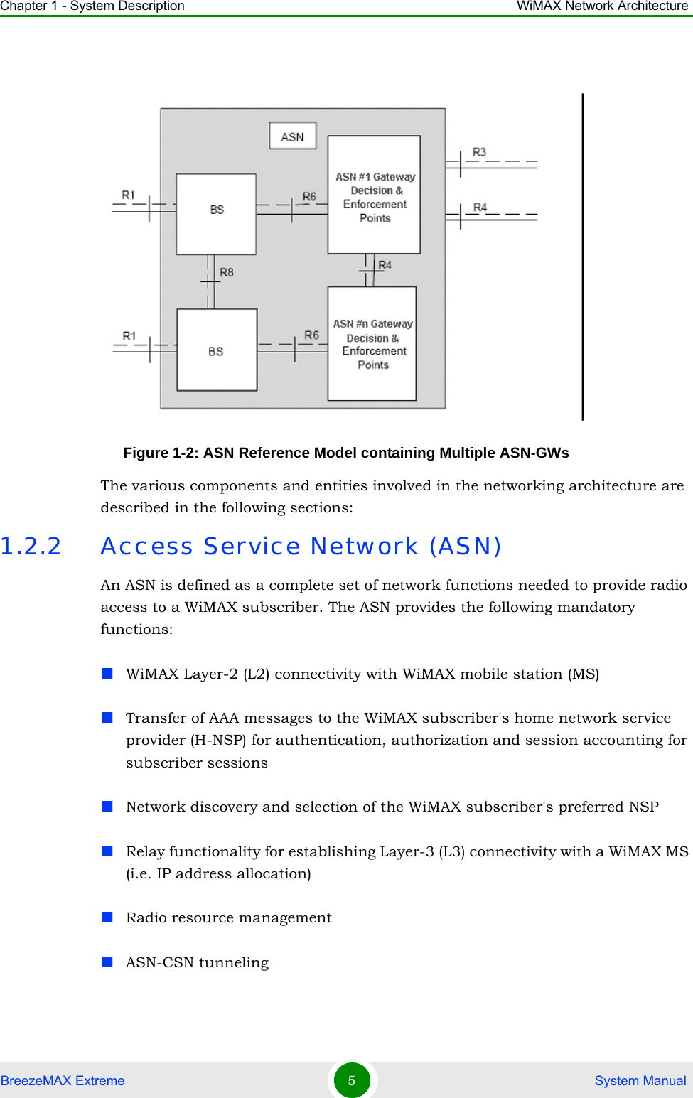 Chapter 1 - System Description WiMAX Network ArchitectureBreezeMAX Extreme 5 System Manual The various components and entities involved in the networking architecture are described in the following sections:1.2.2 Access Service Network (ASN)An ASN is defined as a complete set of network functions needed to provide radio access to a WiMAX subscriber. The ASN provides the following mandatory functions:WiMAX Layer-2 (L2) connectivity with WiMAX mobile station (MS) Transfer of AAA messages to the WiMAX subscriber&apos;s home network service provider (H-NSP) for authentication, authorization and session accounting for subscriber sessionsNetwork discovery and selection of the WiMAX subscriber&apos;s preferred NSPRelay functionality for establishing Layer-3 (L3) connectivity with a WiMAX MS (i.e. IP address allocation)Radio resource managementASN-CSN tunnelingFigure 1-2: ASN Reference Model containing Multiple ASN-GWs