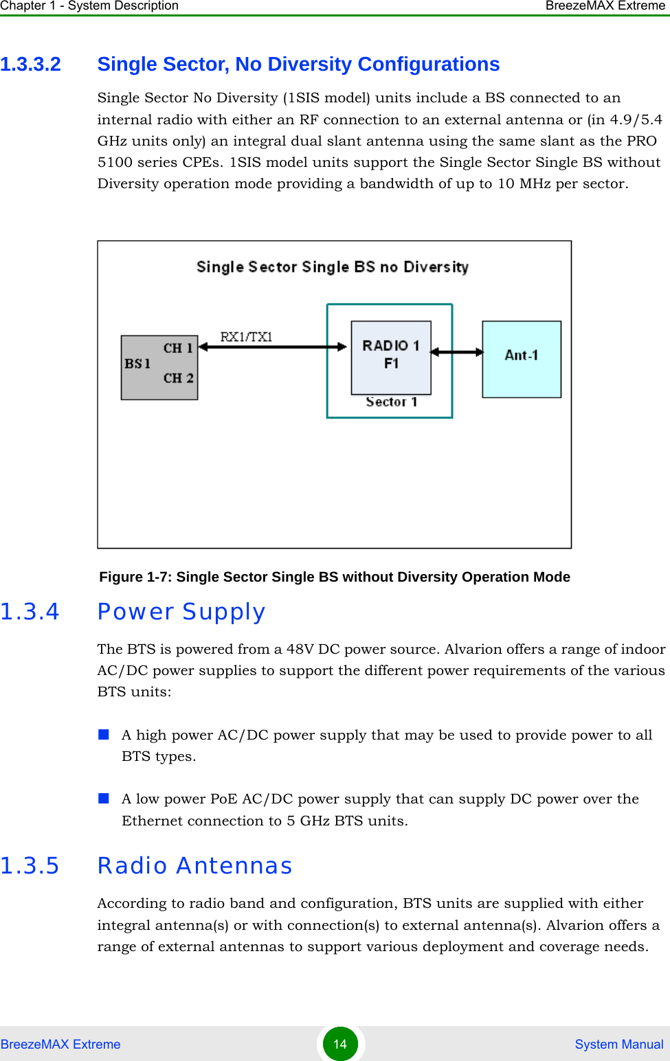 Chapter 1 - System Description BreezeMAX ExtremeBreezeMAX Extreme 14  System Manual1.3.3.2 Single Sector, No Diversity ConfigurationsSingle Sector No Diversity (1SIS model) units include a BS connected to an internal radio with either an RF connection to an external antenna or (in 4.9/5.4 GHz units only) an integral dual slant antenna using the same slant as the PRO 5100 series CPEs. 1SIS model units support the Single Sector Single BS without Diversity operation mode providing a bandwidth of up to 10 MHz per sector.1.3.4 Power SupplyThe BTS is powered from a 48V DC power source. Alvarion offers a range of indoor AC/DC power supplies to support the different power requirements of the various BTS units:A high power AC/DC power supply that may be used to provide power to all BTS types.A low power PoE AC/DC power supply that can supply DC power over the Ethernet connection to 5 GHz BTS units.1.3.5 Radio AntennasAccording to radio band and configuration, BTS units are supplied with either integral antenna(s) or with connection(s) to external antenna(s). Alvarion offers a range of external antennas to support various deployment and coverage needs.Figure 1-7: Single Sector Single BS without Diversity Operation Mode