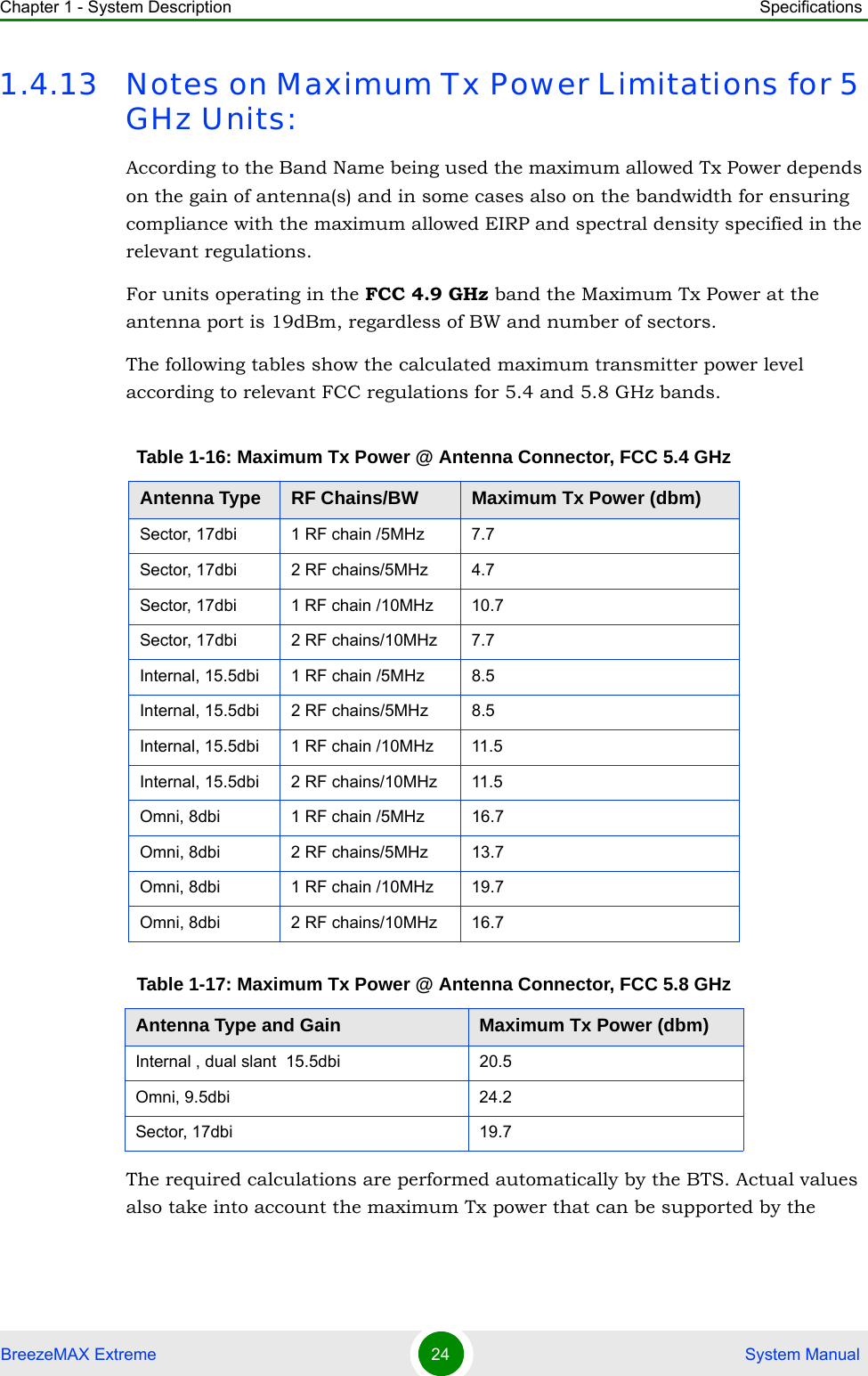 Chapter 1 - System Description SpecificationsBreezeMAX Extreme 24  System Manual1.4.13 Notes on Maximum Tx Power Limitations for 5 GHz Units:According to the Band Name being used the maximum allowed Tx Power depends on the gain of antenna(s) and in some cases also on the bandwidth for ensuring compliance with the maximum allowed EIRP and spectral density specified in the relevant regulations.For units operating in the FCC 4.9 GHz band the Maximum Tx Power at the antenna port is 19dBm, regardless of BW and number of sectors.The following tables show the calculated maximum transmitter power level according to relevant FCC regulations for 5.4 and 5.8 GHz bands. The required calculations are performed automatically by the BTS. Actual values also take into account the maximum Tx power that can be supported by the Table 1-16: Maximum Tx Power @ Antenna Connector, FCC 5.4 GHzAntenna Type RF Chains/BW Maximum Tx Power (dbm)Sector, 17dbi 1 RF chain /5MHz 7.7Sector, 17dbi 2 RF chains/5MHz 4.7Sector, 17dbi 1 RF chain /10MHz 10.7Sector, 17dbi 2 RF chains/10MHz 7.7Internal, 15.5dbi 1 RF chain /5MHz 8.5Internal, 15.5dbi 2 RF chains/5MHz 8.5Internal, 15.5dbi 1 RF chain /10MHz 11.5Internal, 15.5dbi 2 RF chains/10MHz 11.5Omni, 8dbi 1 RF chain /5MHz 16.7Omni, 8dbi 2 RF chains/5MHz 13.7Omni, 8dbi 1 RF chain /10MHz 19.7Omni, 8dbi 2 RF chains/10MHz 16.7Table 1-17: Maximum Tx Power @ Antenna Connector, FCC 5.8 GHzAntenna Type and Gain Maximum Tx Power (dbm)Internal , dual slant  15.5dbi 20.5Omni, 9.5dbi 24.2Sector, 17dbi 19.7