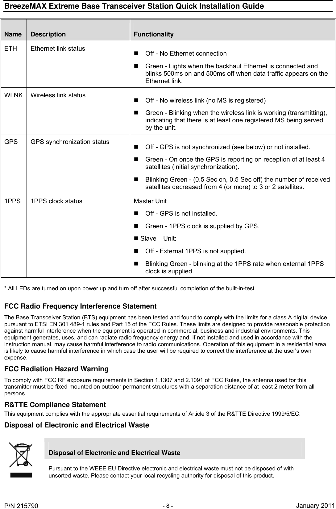 BreezeMAX Extreme Base Transceiver Station Quick Installation Guide     P/N 215790  - 8 - January 2011 Name  Description  Functionality ETH  Ethernet link status    Off - No Ethernet connection   Green - Lights when the backhaul Ethernet is connected and blinks 500ms on and 500ms off when data traffic appears on the Ethernet link. WLNK  Wireless link status    Off - No wireless link (no MS is registered)   Green - Blinking when the wireless link is working (transmitting), indicating that there is at least one registered MS being served by the unit. GPS  GPS synchronization status    Off - GPS is not synchronized (see below) or not installed.    Green - On once the GPS is reporting on reception of at least 4 satellites (initial synchronization).   Blinking Green - (0.5 Sec on, 0.5 Sec off) the number of received satellites decreased from 4 (or more) to 3 or 2 satellites. 1PPS  1PPS clock status  Master Unit   Off - GPS is not installed.   Green - 1PPS clock is supplied by GPS.  Slave Unit:   Off - External 1PPS is not supplied.   Blinking Green - blinking at the 1PPS rate when external 1PPS clock is supplied.  * All LEDs are turned on upon power up and turn off after successful completion of the built-in-test.  FCC Radio Frequency Interference Statement The Base Transceiver Station (BTS) equipment has been tested and found to comply with the limits for a class A digital device, pursuant to ETSI EN 301 489-1 rules and Part 15 of the FCC Rules. These limits are designed to provide reasonable protection against harmful interference when the equipment is operated in commercial, business and industrial environments. This equipment generates, uses, and can radiate radio frequency energy and, if not installed and used in accordance with the instruction manual, may cause harmful interference to radio communications. Operation of this equipment in a residential area is likely to cause harmful interference in which case the user will be required to correct the interference at the user&apos;s own expense. FCC Radiation Hazard Warning  To comply with FCC RF exposure requirements in Section 1.1307 and 2.1091 of FCC Rules, the antenna used for this transmitter must be fixed-mounted on outdoor permanent structures with a separation distance of at least 2 meter from all persons. R&amp;TTE Compliance Statement This equipment complies with the appropriate essential requirements of Article 3 of the R&amp;TTE Directive 1999/5/EC. Disposal of Electronic and Electrical Waste  Disposal of Electronic and Electrical Waste  Pursuant to the WEEE EU Directive electronic and electrical waste must not be disposed of with unsorted waste. Please contact your local recycling authority for disposal of this product.  