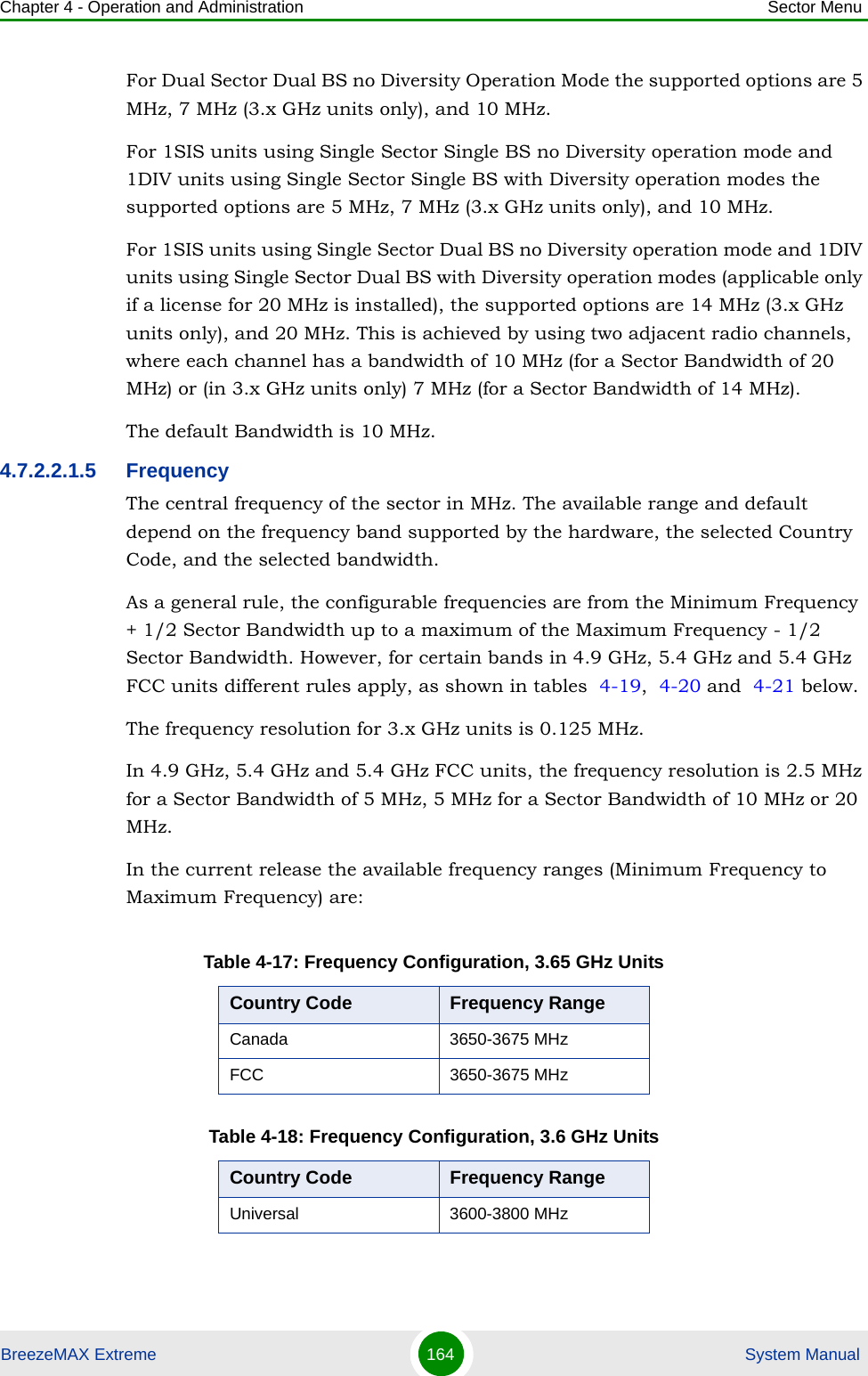 Chapter 4 - Operation and Administration Sector MenuBreezeMAX Extreme 164  System ManualFor Dual Sector Dual BS no Diversity Operation Mode the supported options are 5 MHz, 7 MHz (3.x GHz units only), and 10 MHz.For 1SIS units using Single Sector Single BS no Diversity operation mode and 1DIV units using Single Sector Single BS with Diversity operation modes the supported options are 5 MHz, 7 MHz (3.x GHz units only), and 10 MHz.For 1SIS units using Single Sector Dual BS no Diversity operation mode and 1DIV units using Single Sector Dual BS with Diversity operation modes (applicable only if a license for 20 MHz is installed), the supported options are 14 MHz (3.x GHz units only), and 20 MHz. This is achieved by using two adjacent radio channels, where each channel has a bandwidth of 10 MHz (for a Sector Bandwidth of 20 MHz) or (in 3.x GHz units only) 7 MHz (for a Sector Bandwidth of 14 MHz).The default Bandwidth is 10 MHz.4.7.2.2.1.5 FrequencyThe central frequency of the sector in MHz. The available range and default depend on the frequency band supported by the hardware, the selected Country Code, and the selected bandwidth.As a general rule, the configurable frequencies are from the Minimum Frequency + 1/2 Sector Bandwidth up to a maximum of the Maximum Frequency - 1/2 Sector Bandwidth. However, for certain bands in 4.9 GHz, 5.4 GHz and 5.4 GHz FCC units different rules apply, as shown in tables  4-19,  4-20 and  4-21 below.The frequency resolution for 3.x GHz units is 0.125 MHz.In 4.9 GHz, 5.4 GHz and 5.4 GHz FCC units, the frequency resolution is 2.5 MHz for a Sector Bandwidth of 5 MHz, 5 MHz for a Sector Bandwidth of 10 MHz or 20 MHz.In the current release the available frequency ranges (Minimum Frequency to Maximum Frequency) are:Table 4-17: Frequency Configuration, 3.65 GHz UnitsCountry Code Frequency RangeCanada 3650-3675 MHzFCC 3650-3675 MHzTable 4-18: Frequency Configuration, 3.6 GHz UnitsCountry Code Frequency RangeUniversal 3600-3800 MHz