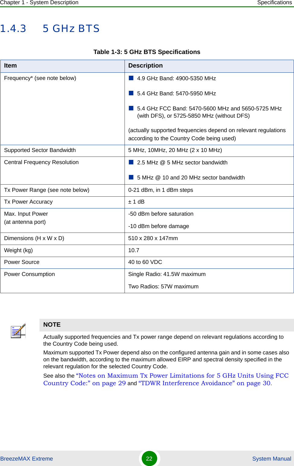 Chapter 1 - System Description SpecificationsBreezeMAX Extreme 22  System Manual1.4.3 5 GHz BTSTable 1-3: 5 GHz BTS SpecificationsItem DescriptionFrequency* (see note below) 4.9 GHz Band: 4900-5350 MHz5.4 GHz Band: 5470-5950 MHz5.4 GHz FCC Band: 5470-5600 MHz and 5650-5725 MHz (with DFS), or 5725-5850 MHz (without DFS) (actually supported frequencies depend on relevant regulations according to the Country Code being used)Supported Sector Bandwidth 5 MHz, 10MHz, 20 MHz (2 x 10 MHz)Central Frequency Resolution 2.5 MHz @ 5 MHz sector bandwidth5 MHz @ 10 and 20 MHz sector bandwidthTx Power Range (see note below) 0-21 dBm, in 1 dBm stepsTx Power Accuracy ± 1 dBMax. Input Power(at antenna port)-50 dBm before saturation-10 dBm before damageDimensions (H x W x D) 510 x 280 x 147mmWeight (kg) 10.7Power Source 40 to 60 VDCPower Consumption Single Radio: 41.5W maximumTwo Radios: 57W maximumNOTEActually supported frequencies and Tx power range depend on relevant regulations according to the Country Code being used.Maximum supported Tx Power depend also on the configured antenna gain and in some cases also on the bandwidth, according to the maximum allowed EIRP and spectral density specified in the relevant regulation for the selected Country Code. See also the “Notes on Maximum Tx Power Limitations for 5 GHz Units Using FCC Country Code:” on page 29 and “TDWR Interference Avoidance” on page 30.