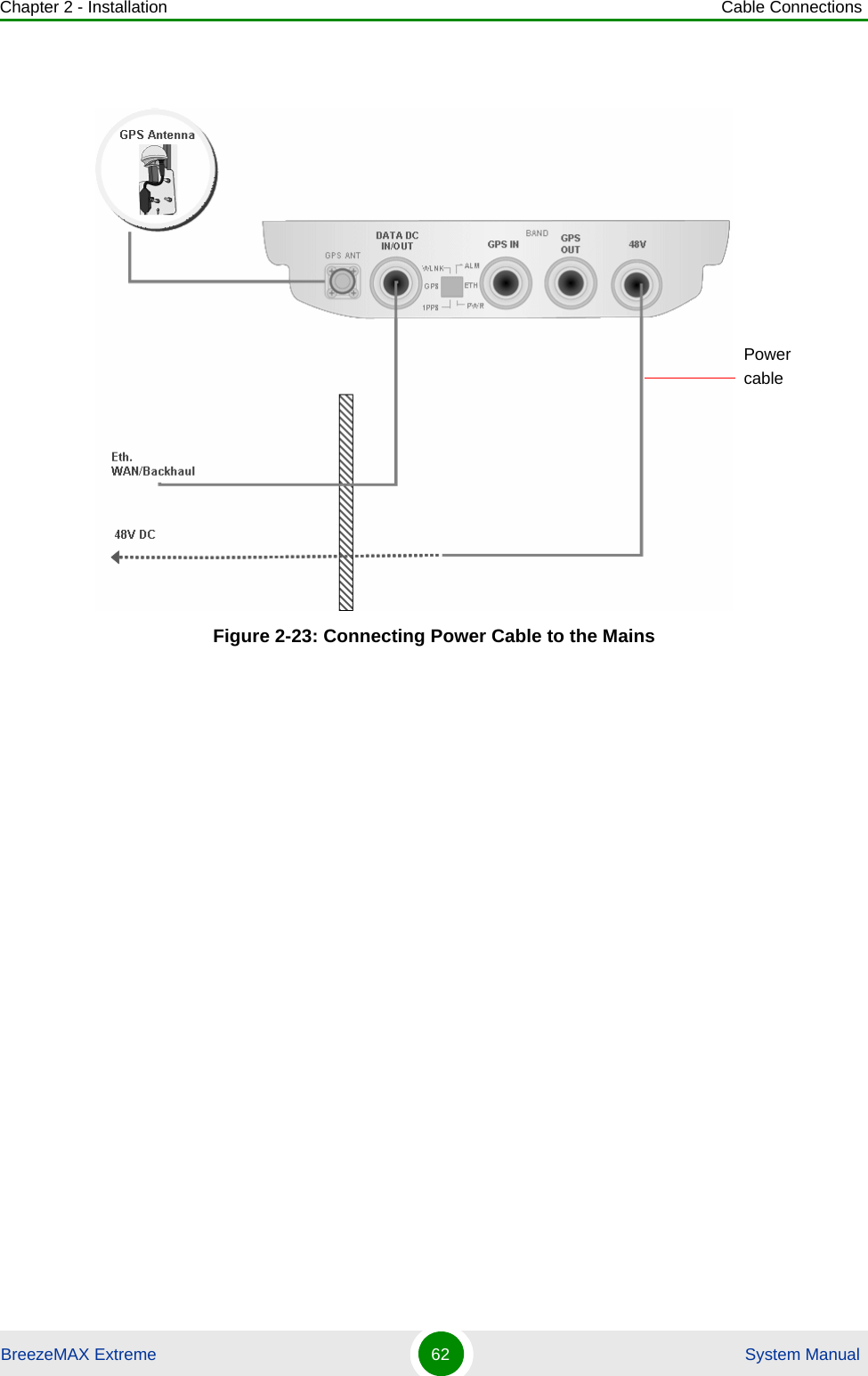 Chapter 2 - Installation Cable ConnectionsBreezeMAX Extreme 62  System ManualFigure 2-23: Connecting Power Cable to the MainsPower cable