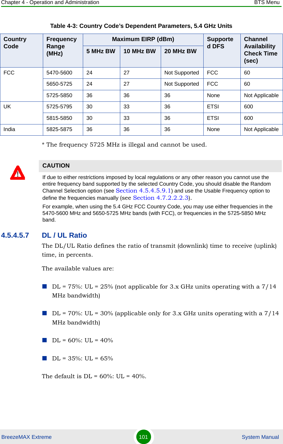 Chapter 4 - Operation and Administration BTS MenuBreezeMAX Extreme 101  System Manual* The frequency 5725 MHz is illegal and cannot be used.4.5.4.5.7 DL / UL RatioThe DL/UL Ratio defines the ratio of transmit (downlink) time to receive (uplink) time, in percents.The available values are:DL = 75%: UL = 25% (not applicable for 3.x GHz units operating with a 7/14 MHz bandwidth)DL = 70%: UL = 30% (applicable only for 3.x GHz units operating with a 7/14 MHz bandwidth)DL = 60%: UL = 40%DL = 35%: UL = 65%The default is DL = 60%: UL = 40%.FCC 5470-5600 24 27 Not Supported FCC 605650-5725 24 27 Not Supported FCC 605725-5850 36 36 36 None Not ApplicableUK 5725-5795 30 33 36 ETSI 6005815-5850 30 33 36 ETSI 600India 5825-5875 36 36 36 None Not ApplicableCAUTIONIf due to either restrictions imposed by local regulations or any other reason you cannot use the entire frequency band supported by the selected Country Code, you should disable the Random Channel Selection option (see Section 4.5.4.5.9.1) and use the Usable Frequency option to define the frequencies manually (see Section 4.7.2.2.2.3).For example, when using the 5.4 GHz FCC Country Code, you may use either frequencies in the 5470-5600 MHz and 5650-5725 MHz bands (with FCC), or frequencies in the 5725-5850 MHz band.Table 4-3: Country Code’s Dependent Parameters, 5.4 GHz UnitsCountry Code Frequency Range (MHz)Maximum EIRP (dBm) Supported DFS Channel Availability Check Time (sec)5 MHz BW 10 MHz BW 20 MHz BW