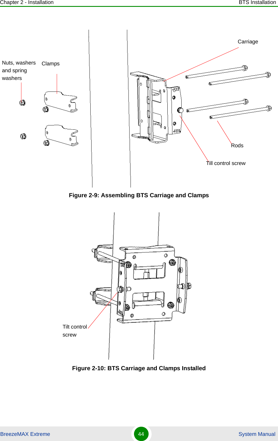 Chapter 2 - Installation BTS InstallationBreezeMAX Extreme 44  System ManualFigure 2-9: Assembling BTS Carriage and ClampsFigure 2-10: BTS Carriage and Clamps InstalledCarriageTill control screwClampsRodsNuts, washers and spring washersTilt control screw