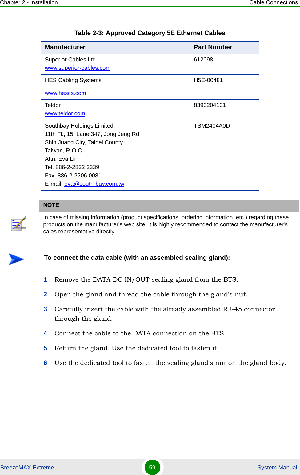 Chapter 2 - Installation Cable ConnectionsBreezeMAX Extreme 59  System Manual 1Remove the DATA DC IN/OUT sealing gland from the BTS.2Open the gland and thread the cable through the gland&apos;s nut.3Carefully insert the cable with the already assembled RJ-45 connector through the gland.4Connect the cable to the DATA connection on the BTS.5Return the gland. Use the dedicated tool to fasten it.6Use the dedicated tool to fasten the sealing gland&apos;s nut on the gland body.Table 2-3: Approved Category 5E Ethernet CablesManufacturer Part NumberSuperior Cables Ltd. www.superior-cables.com612098 HES Cabling Systemswww.hescs.comH5E-00481Teldorwww.teldor.com8393204101Southbay Holdings Limited11th Fl., 15, Lane 347, Jong Jeng Rd.Shin Juang City, Taipei CountyTaiwan, R.O.C.Attn: Eva LinTel. 886-2-2832 3339Fax. 886-2-2206 0081E-mail: eva@south-bay.com.twTSM2404A0DNOTEIn case of missing information (product specifications, ordering information, etc.) regarding these products on the manufacturer&apos;s web site, it is highly recommended to contact the manufacturer&apos;s sales representative directly.To connect the data cable (with an assembled sealing gland):