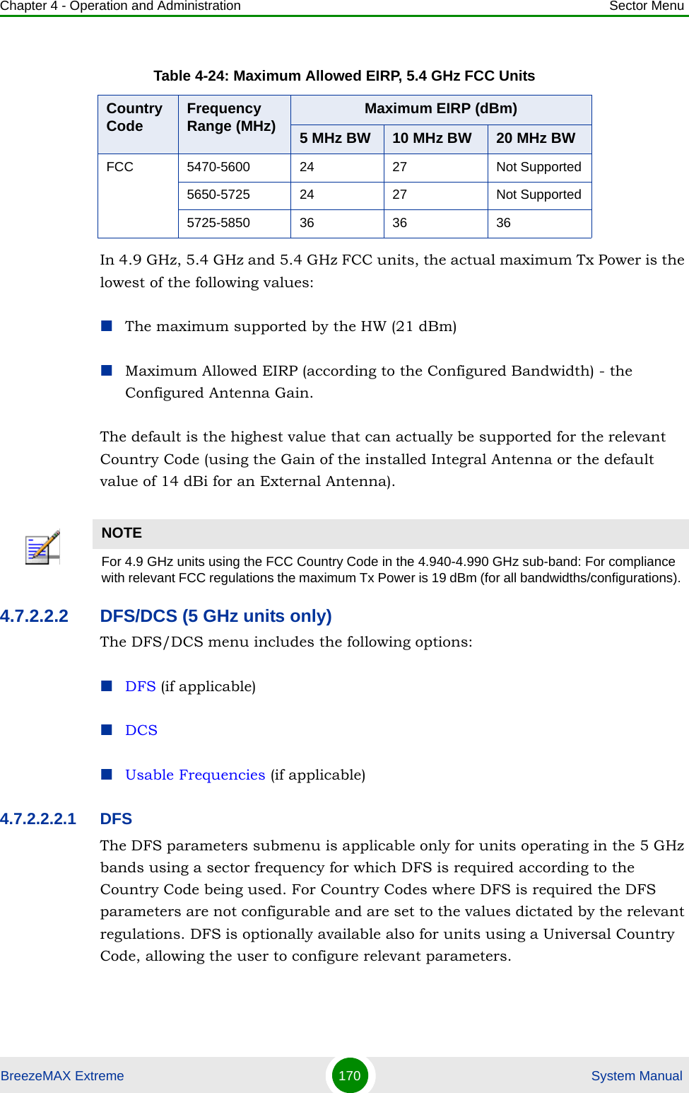 Chapter 4 - Operation and Administration Sector MenuBreezeMAX Extreme 170  System ManualIn 4.9 GHz, 5.4 GHz and 5.4 GHz FCC units, the actual maximum Tx Power is the lowest of the following values:The maximum supported by the HW (21 dBm)Maximum Allowed EIRP (according to the Configured Bandwidth) - the Configured Antenna Gain.The default is the highest value that can actually be supported for the relevant Country Code (using the Gain of the installed Integral Antenna or the default value of 14 dBi for an External Antenna).4.7.2.2.2 DFS/DCS (5 GHz units only)The DFS/DCS menu includes the following options:DFS (if applicable)DCSUsable Frequencies (if applicable)4.7.2.2.2.1 DFSThe DFS parameters submenu is applicable only for units operating in the 5 GHz bands using a sector frequency for which DFS is required according to the Country Code being used. For Country Codes where DFS is required the DFS parameters are not configurable and are set to the values dictated by the relevant regulations. DFS is optionally available also for units using a Universal Country Code, allowing the user to configure relevant parameters.Table 4-24: Maximum Allowed EIRP, 5.4 GHz FCC UnitsCountry Code Frequency Range (MHz) Maximum EIRP (dBm)5 MHz BW 10 MHz BW 20 MHz BWFCC 5470-5600 24 27 Not Supported5650-5725 24 27 Not Supported5725-5850 36 36 36NOTEFor 4.9 GHz units using the FCC Country Code in the 4.940-4.990 GHz sub-band: For compliance with relevant FCC regulations the maximum Tx Power is 19 dBm (for all bandwidths/configurations).