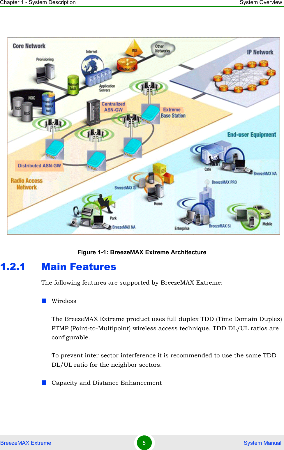 Chapter 1 - System Description System OverviewBreezeMAX Extreme 5 System Manual1.2.1 Main FeaturesThe following features are supported by BreezeMAX Extreme:WirelessThe BreezeMAX Extreme product uses full duplex TDD (Time Domain Duplex) PTMP (Point-to-Multipoint) wireless access technique. TDD DL/UL ratios are configurable.To prevent inter sector interference it is recommended to use the same TDD DL/UL ratio for the neighbor sectors. Capacity and Distance Enhancement Figure 1-1: BreezeMAX Extreme Architecture