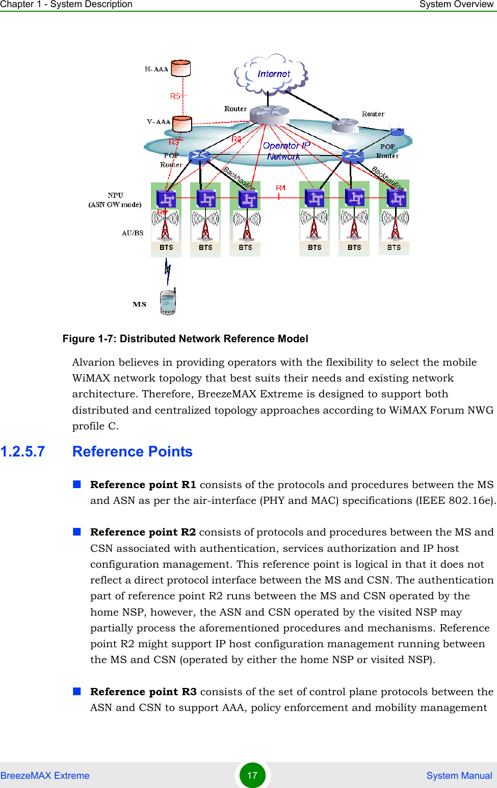 Chapter 1 - System Description System OverviewBreezeMAX Extreme 17  System ManualAlvarion believes in providing operators with the flexibility to select the mobile WiMAX network topology that best suits their needs and existing network architecture. Therefore, BreezeMAX Extreme is designed to support both distributed and centralized topology approaches according to WiMAX Forum NWG profile C.1.2.5.7 Reference PointsReference point R1 consists of the protocols and procedures between the MS and ASN as per the air-interface (PHY and MAC) specifications (IEEE 802.16e).Reference point R2 consists of protocols and procedures between the MS and CSN associated with authentication, services authorization and IP host configuration management. This reference point is logical in that it does not reflect a direct protocol interface between the MS and CSN. The authentication part of reference point R2 runs between the MS and CSN operated by the home NSP, however, the ASN and CSN operated by the visited NSP may partially process the aforementioned procedures and mechanisms. Reference point R2 might support IP host configuration management running between the MS and CSN (operated by either the home NSP or visited NSP).Reference point R3 consists of the set of control plane protocols between the ASN and CSN to support AAA, policy enforcement and mobility management Figure 1-7: Distributed Network Reference Model