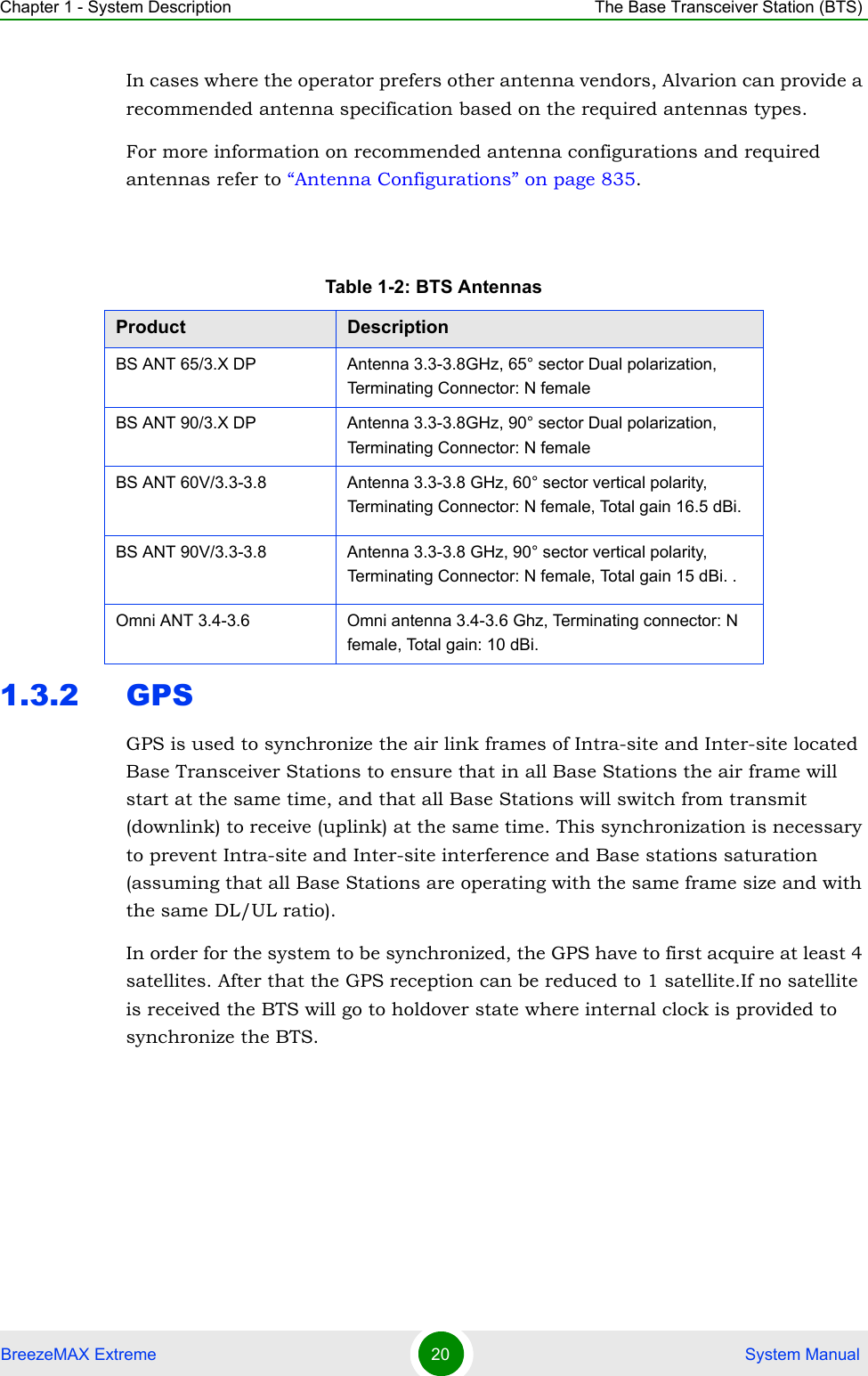 Chapter 1 - System Description The Base Transceiver Station (BTS)BreezeMAX Extreme 20  System ManualIn cases where the operator prefers other antenna vendors, Alvarion can provide a recommended antenna specification based on the required antennas types.For more information on recommended antenna configurations and required antennas refer to “Antenna Configurations” on page 835.1.3.2 GPSGPS is used to synchronize the air link frames of Intra-site and Inter-site located Base Transceiver Stations to ensure that in all Base Stations the air frame will start at the same time, and that all Base Stations will switch from transmit (downlink) to receive (uplink) at the same time. This synchronization is necessary to prevent Intra-site and Inter-site interference and Base stations saturation (assuming that all Base Stations are operating with the same frame size and with the same DL/UL ratio).In order for the system to be synchronized, the GPS have to first acquire at least 4 satellites. After that the GPS reception can be reduced to 1 satellite.If no satellite is received the BTS will go to holdover state where internal clock is provided to synchronize the BTS.Table 1-2: BTS AntennasProduct DescriptionBS ANT 65/3.X DP Antenna 3.3-3.8GHz, 65° sector Dual polarization, Terminating Connector: N femaleBS ANT 90/3.X DP Antenna 3.3-3.8GHz, 90° sector Dual polarization, Terminating Connector: N femaleBS ANT 60V/3.3-3.8 Antenna 3.3-3.8 GHz, 60° sector vertical polarity, Terminating Connector: N female, Total gain 16.5 dBi. BS ANT 90V/3.3-3.8 Antenna 3.3-3.8 GHz, 90° sector vertical polarity, Terminating Connector: N female, Total gain 15 dBi. .Omni ANT 3.4-3.6 Omni antenna 3.4-3.6 Ghz, Terminating connector: N female, Total gain: 10 dBi. 