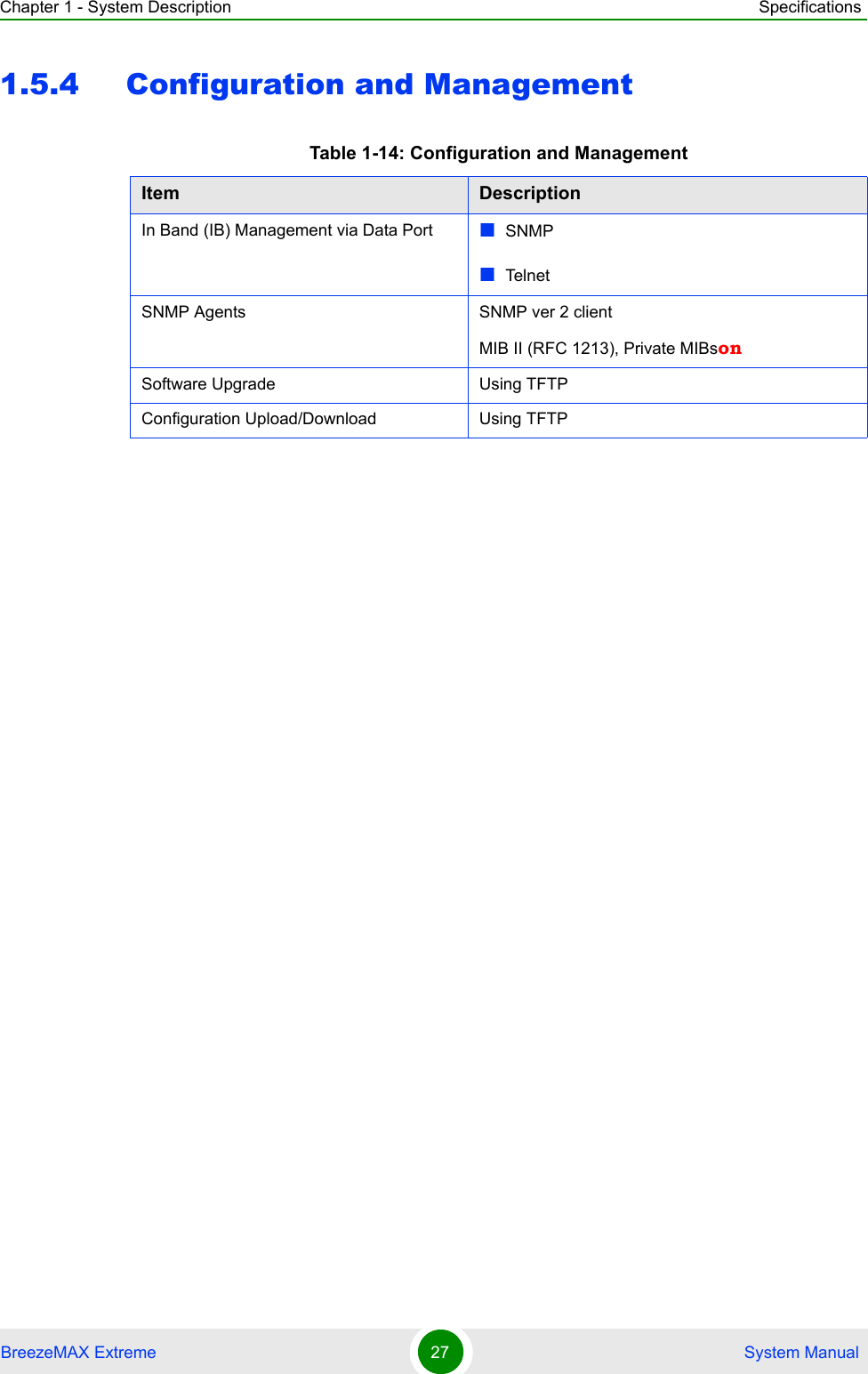 Chapter 1 - System Description SpecificationsBreezeMAX Extreme 27  System Manual1.5.4 Configuration and ManagementTable 1-14: Configuration and ManagementItem DescriptionIn Band (IB) Management via Data Port SNMP Tel ne tSNMP Agents SNMP ver 2 clientMIB II (RFC 1213), Private MIBsonSoftware Upgrade Using TFTP Configuration Upload/Download Using TFTP 