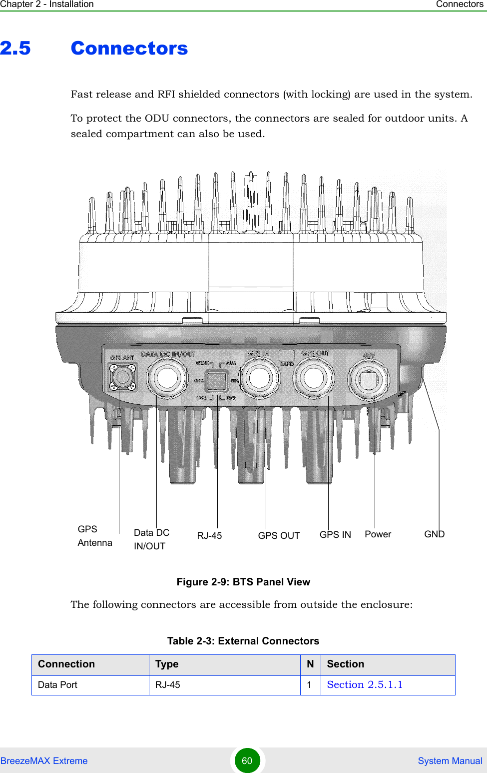 Chapter 2 - Installation ConnectorsBreezeMAX Extreme 60  System Manual2.5 ConnectorsFast release and RFI shielded connectors (with locking) are used in the system.To protect the ODU connectors, the connectors are sealed for outdoor units. A sealed compartment can also be used.The following connectors are accessible from outside the enclosure:Figure 2-9: BTS Panel ViewTable 2-3: External ConnectorsConnection Type NSectionData Port RJ-45 1 Section 2.5.1.1GPS IN PowerGPS OUTRJ-45Data DC IN/OUTGPS AntennaGND