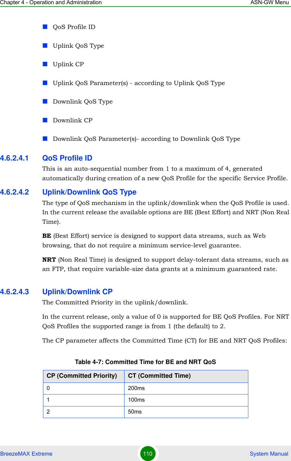 Chapter 4 - Operation and Administration ASN-GW MenuBreezeMAX Extreme 110  System ManualQoS Profile IDUplink QoS TypeUplink CPUplink QoS Parameter(s) - according to Uplink QoS TypeDownlink QoS TypeDownlink CPDownlink QoS Parameter(s)- according to Downlink QoS Type4.6.2.4.1 QoS Profile IDThis is an auto-sequential number from 1 to a maximum of 4, generated automatically during creation of a new QoS Profile for the specific Service Profile.4.6.2.4.2 Uplink/Downlink QoS TypeThe type of QoS mechanism in the uplink/downlink when the QoS Profile is used. In the current release the available options are BE (Best Effort) and NRT (Non Real Time).BE (Best Effort) service is designed to support data streams, such as Web browsing, that do not require a minimum service-level guarantee.NRT (Non Real Time) is designed to support delay-tolerant data streams, such as an FTP, that require variable-size data grants at a minimum guaranteed rate.4.6.2.4.3 Uplink/Downlink CPThe Committed Priority in the uplink/downlink.In the current release, only a value of 0 is supported for BE QoS Profiles. For NRT QoS Profiles the supported range is from 1 (the default) to 2.The CP parameter affects the Committed Time (CT) for BE and NRT QoS Profiles:Table 4-7: Committed Time for BE and NRT QoSCP (Committed Priority) CT (Committed Time)0 200ms1 100ms250ms