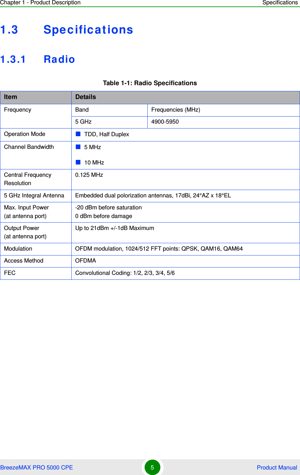 Chapter 1 - Product Description SpecificationsBreezeMAX PRO 5000 CPE 5 Product Manual1.3 Specifications1.3.1 RadioTable 1-1: Radio SpecificationsItem DetailsFrequency Band Frequencies (MHz)5 GHz 4900-5950Operation Mode TDD, Half DuplexChannel Bandwidth 5 MHz10 MHzCentral Frequency Resolution0.125 MHz5 GHz Integral Antenna Embedded dual polorization antennas, 17dBi, 24°AZ x 18°ELMax. Input Power (at antenna port)-20 dBm before saturation0 dBm before damageOutput Power(at antenna port)Up to 21dBm +/-1dB MaximumModulation OFDM modulation, 1024/512 FFT points: QPSK, QAM16, QAM64Access Method OFDMAFEC Convolutional Coding: 1/2, 2/3, 3/4, 5/6