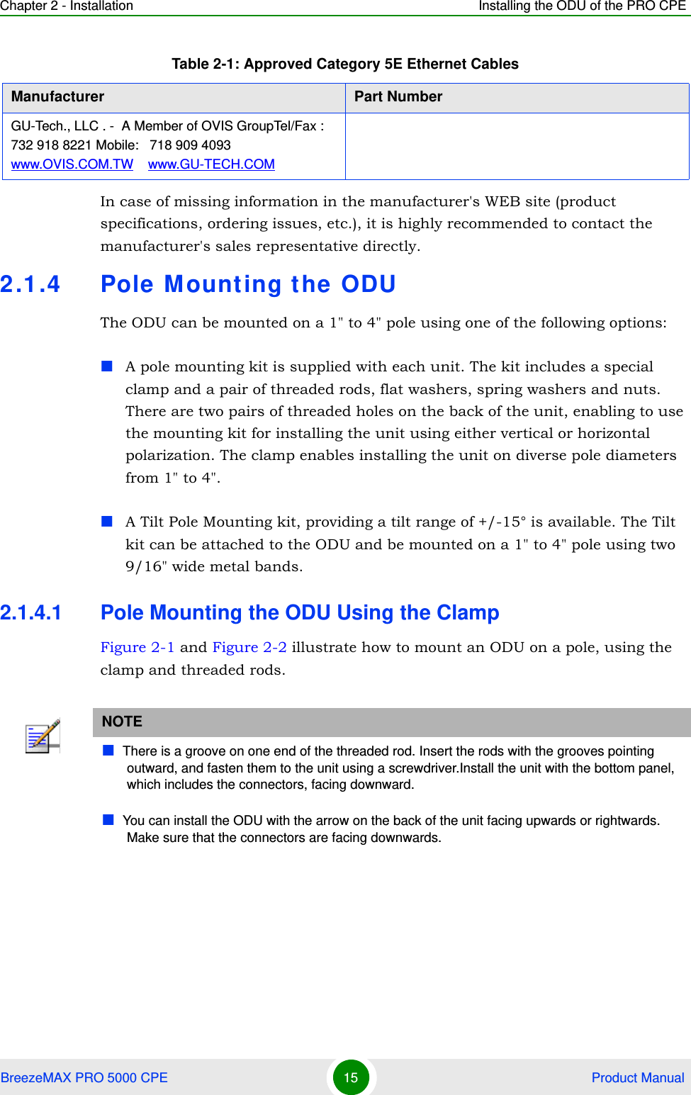 Chapter 2 - Installation Installing the ODU of the PRO CPEBreezeMAX PRO 5000 CPE 15  Product ManualIn case of missing information in the manufacturer&apos;s WEB site (product specifications, ordering issues, etc.), it is highly recommended to contact the manufacturer&apos;s sales representative directly.2.1.4 Pole Mounting the ODUThe ODU can be mounted on a 1&quot; to 4&quot; pole using one of the following options:A pole mounting kit is supplied with each unit. The kit includes a special clamp and a pair of threaded rods, flat washers, spring washers and nuts. There are two pairs of threaded holes on the back of the unit, enabling to use the mounting kit for installing the unit using either vertical or horizontal polarization. The clamp enables installing the unit on diverse pole diameters from 1&quot; to 4&quot;.A Tilt Pole Mounting kit, providing a tilt range of +/-15° is available. The Tilt kit can be attached to the ODU and be mounted on a 1&quot; to 4&quot; pole using two 9/16&quot; wide metal bands.2.1.4.1 Pole Mounting the ODU Using the ClampFigure 2-1 and Figure 2-2 illustrate how to mount an ODU on a pole, using the clamp and threaded rods.GU-Tech., LLC . -  A Member of OVIS GroupTel/Fax : 732 918 8221 Mobile:   718 909 4093                 www.OVIS.COM.TW    www.GU-TECH.COMNOTEThere is a groove on one end of the threaded rod. Insert the rods with the grooves pointing outward, and fasten them to the unit using a screwdriver.Install the unit with the bottom panel, which includes the connectors, facing downward.You can install the ODU with the arrow on the back of the unit facing upwards or rightwards. Make sure that the connectors are facing downwards.Table 2-1: Approved Category 5E Ethernet CablesManufacturer Part Number