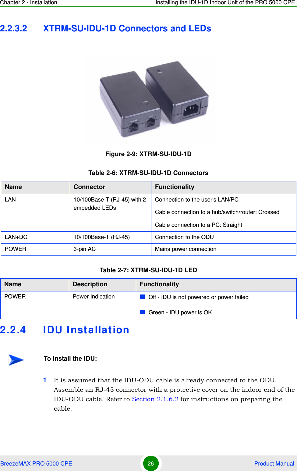 Chapter 2 - Installation Installing the IDU-1D Indoor Unit of the PRO 5000 CPEBreezeMAX PRO 5000 CPE 26  Product Manual2.2.3.2 XTRM-SU-IDU-1D Connectors and LEDs2.2.4 IDU Installation1It is assumed that the IDU-ODU cable is already connected to the ODU. Assemble an RJ-45 connector with a protective cover on the indoor end of the IDU-ODU cable. Refer to Section 2.1.6.2 for instructions on preparing the cable.Figure 2-9: XTRM-SU-IDU-1DTable 2-6: XTRM-SU-IDU-1D ConnectorsName Connector FunctionalityLAN 10/100Base-T (RJ-45) with 2 embedded LEDsConnection to the user&apos;s LAN/PCCable connection to a hub/switch/router: CrossedCable connection to a PC: StraightLAN+DC 10/100Base-T (RJ-45) Connection to the ODUPOWER 3-pin AC  Mains power connectionTable 2-7: XTRM-SU-IDU-1D LEDName  Description FunctionalityPOWER Power Indication Off - IDU is not powered or power failedGreen - IDU power is OKTo install the IDU: