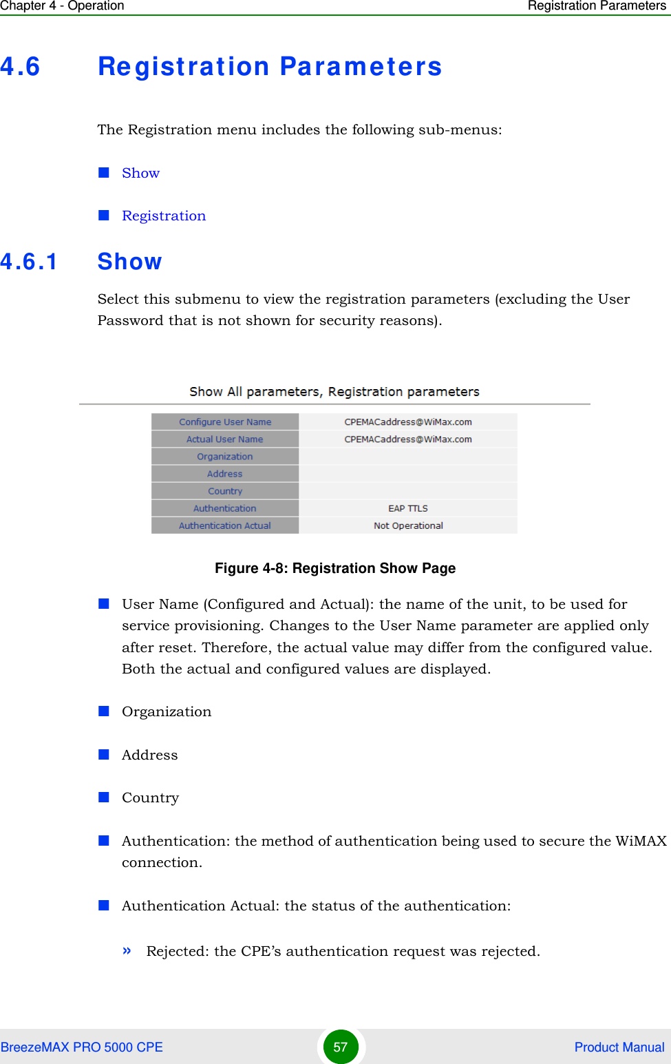 Chapter 4 - Operation Registration ParametersBreezeMAX PRO 5000 CPE 57  Product Manual4.6 Registration ParametersThe Registration menu includes the following sub-menus:ShowRegistration4.6.1 ShowSelect this submenu to view the registration parameters (excluding the User Password that is not shown for security reasons).User Name (Configured and Actual): the name of the unit, to be used for service provisioning. Changes to the User Name parameter are applied only after reset. Therefore, the actual value may differ from the configured value. Both the actual and configured values are displayed.OrganizationAddressCountryAuthentication: the method of authentication being used to secure the WiMAX connection.Authentication Actual: the status of the authentication:»Rejected: the CPE’s authentication request was rejected.Figure 4-8: Registration Show Page