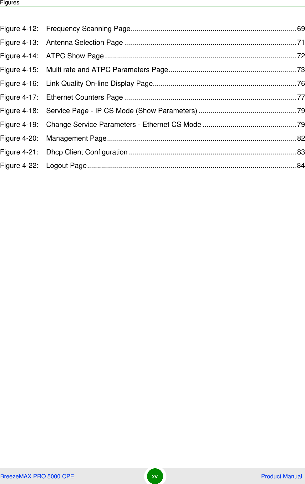 FiguresBreezeMAX PRO 5000 CPE xv  Product ManualFigure 4-12: Frequency Scanning Page................................................................................... 69Figure 4-13: Antenna Selection Page ...................................................................................... 71Figure 4-14: ATPC Show Page ................................................................................................72Figure 4-15: Multi rate and ATPC Parameters Page................................................................73Figure 4-16: Link Quality On-line Display Page........................................................................76Figure 4-17: Ethernet Counters Page ...................................................................................... 77Figure 4-18: Service Page - IP CS Mode (Show Parameters) .................................................79Figure 4-19: Change Service Parameters - Ethernet CS Mode ...............................................79Figure 4-20: Management Page............................................................................................... 82Figure 4-21: Dhcp Client Configuration ....................................................................................83Figure 4-22: Logout Page.........................................................................................................84