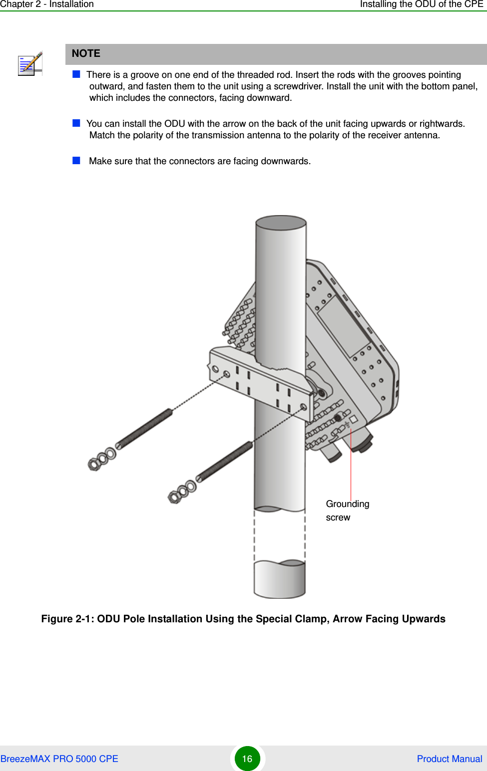 Chapter 2 - Installation Installing the ODU of the CPEBreezeMAX PRO 5000 CPE 16  Product ManualNOTEThere is a groove on one end of the threaded rod. Insert the rods with the grooves pointing outward, and fasten them to the unit using a screwdriver. Install the unit with the bottom panel, which includes the connectors, facing downward.You can install the ODU with the arrow on the back of the unit facing upwards or rightwards. Match the polarity of the transmission antenna to the polarity of the receiver antenna. Make sure that the connectors are facing downwards.Figure 2-1: ODU Pole Installation Using the Special Clamp, Arrow Facing UpwardsGrounding screw