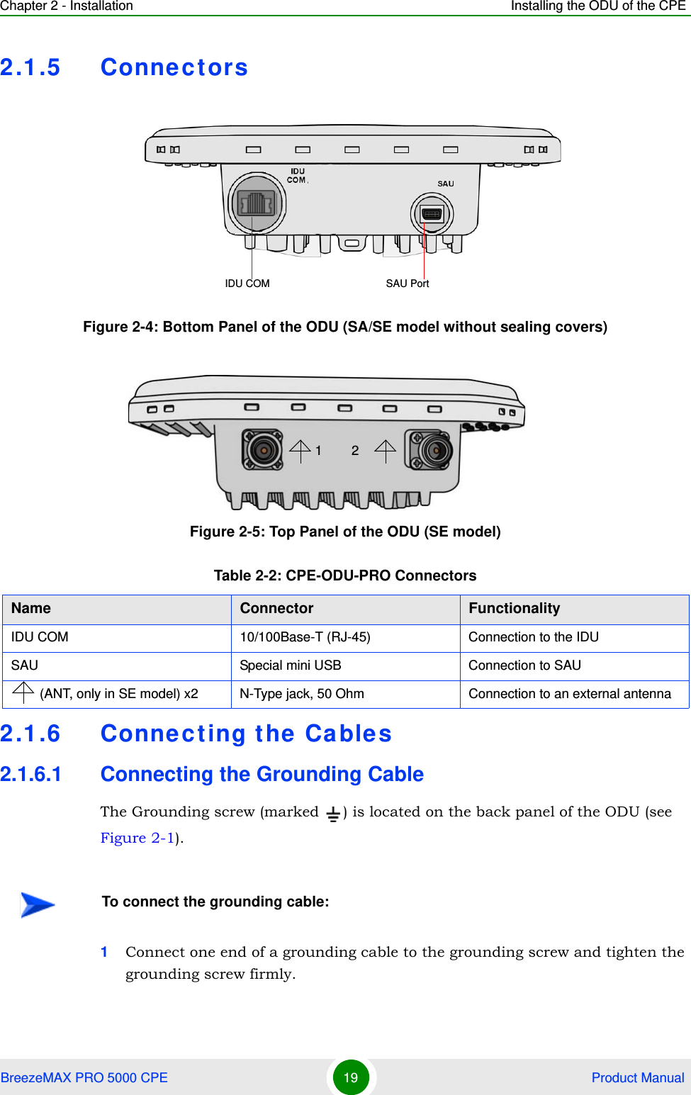 Chapter 2 - Installation Installing the ODU of the CPEBreezeMAX PRO 5000 CPE 19  Product Manual2.1.5 Conne ctors2.1.6 Connec ting the  Ca bles2.1.6.1 Connecting the Grounding CableThe Grounding screw (marked  ) is located on the back panel of the ODU (see Figure 2-1).1Connect one end of a grounding cable to the grounding screw and tighten the grounding screw firmly. Figure 2-4: Bottom Panel of the ODU (SA/SE model without sealing covers)Figure 2-5: Top Panel of the ODU (SE model)Table 2-2: CPE-ODU-PRO ConnectorsName Connector FunctionalityIDU COM 10/100Base-T (RJ-45) Connection to the IDUSAU Special mini USB Connection to SAU(ANT, only in SE model) x2 N-Type jack, 50 Ohm Connection to an external antennaTo connect the grounding cable:IDU COM SAU Port12