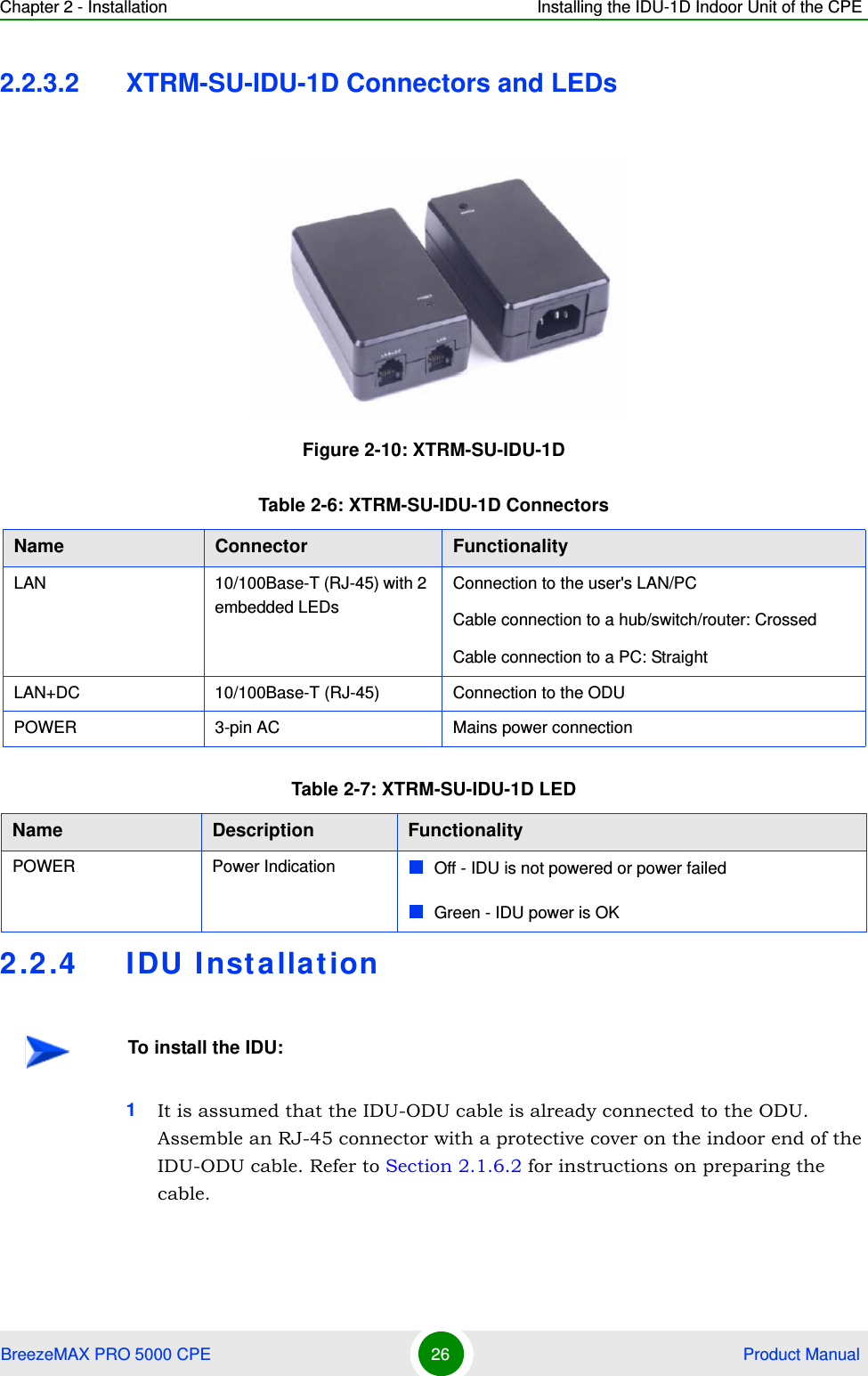 Chapter 2 - Installation Installing the IDU-1D Indoor Unit of the CPEBreezeMAX PRO 5000 CPE 26  Product Manual2.2.3.2 XTRM-SU-IDU-1D Connectors and LEDs2.2.4 IDU I nst allation1It is assumed that the IDU-ODU cable is already connected to the ODU. Assemble an RJ-45 connector with a protective cover on the indoor end of the IDU-ODU cable. Refer to Section 2.1.6.2 for instructions on preparing the cable.Figure 2-10: XTRM-SU-IDU-1DTable 2-6: XTRM-SU-IDU-1D ConnectorsName Connector FunctionalityLAN 10/100Base-T (RJ-45) with 2 embedded LEDsConnection to the user&apos;s LAN/PCCable connection to a hub/switch/router: CrossedCable connection to a PC: StraightLAN+DC 10/100Base-T (RJ-45) Connection to the ODUPOWER 3-pin AC  Mains power connectionTable 2-7: XTRM-SU-IDU-1D LEDName  Description FunctionalityPOWER Power Indication Off - IDU is not powered or power failedGreen - IDU power is OKTo install the IDU: