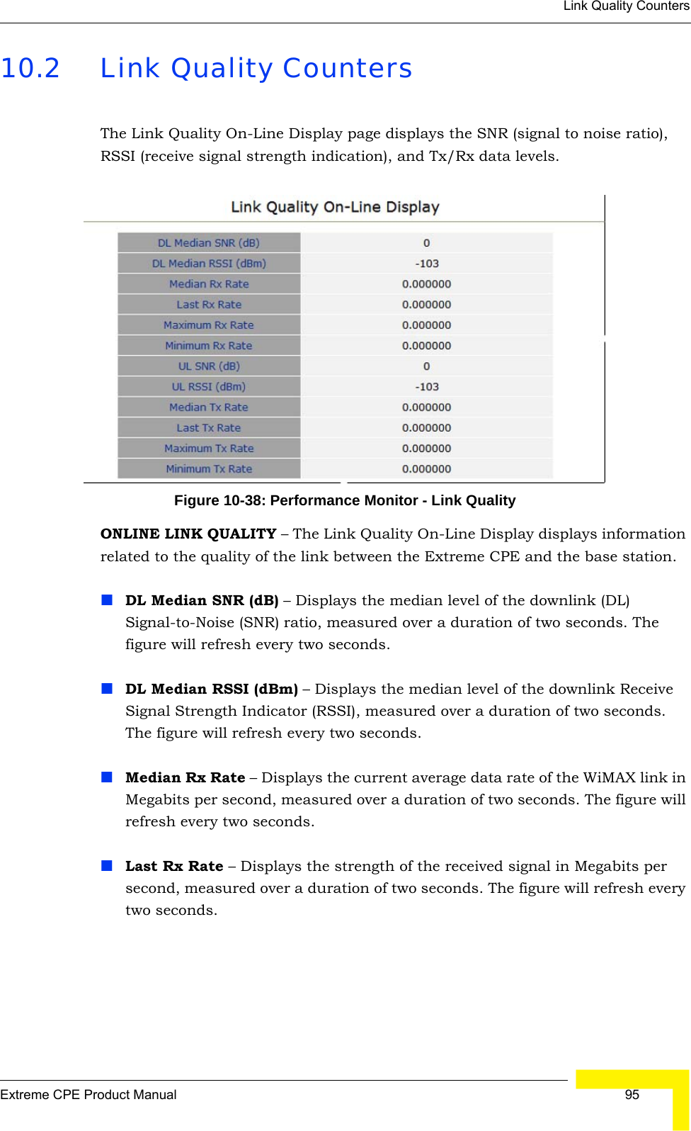 Link Quality CountersExtreme CPE Product Manual  9510.2 Link Quality CountersThe Link Quality On-Line Display page displays the SNR (signal to noise ratio), RSSI (receive signal strength indication), and Tx/Rx data levels.Figure 10-38: Performance Monitor - Link QualityONLINE LINK QUALITY – The Link Quality On-Line Display displays information related to the quality of the link between the Extreme CPE and the base station.DL Median SNR (dB) – Displays the median level of the downlink (DL) Signal-to-Noise (SNR) ratio, measured over a duration of two seconds. The figure will refresh every two seconds.DL Median RSSI (dBm) – Displays the median level of the downlink Receive Signal Strength Indicator (RSSI), measured over a duration of two seconds. The figure will refresh every two seconds.Median Rx Rate – Displays the current average data rate of the WiMAX link in Megabits per second, measured over a duration of two seconds. The figure will refresh every two seconds.Last Rx Rate – Displays the strength of the received signal in Megabits per second, measured over a duration of two seconds. The figure will refresh every two seconds.