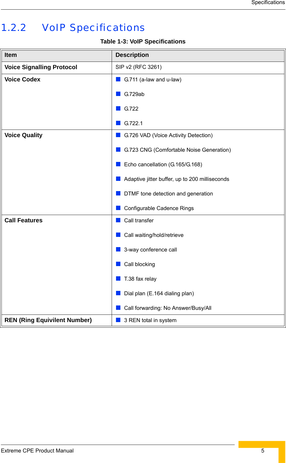 SpecificationsExtreme CPE Product Manual  51.2.2 VoIP Specifications Table 1-3: VoIP SpecificationsItem DescriptionVoice Signalling Protocol SIP v2 (RFC 3261)Voice Codex G.711 (a-law and u-law)G.729abG.722G.722.1Voice Quality G.726 VAD (Voice Activity Detection)G.723 CNG (Comfortable Noise Generation)Echo cancellation (G.165/G.168)Adaptive jitter buffer, up to 200 millisecondsDTMF tone detection and generationConfigurable Cadence RingsCall Features Call transferCall waiting/hold/retrieve3-way conference callCall blockingT.38 fax relayDial plan (E.164 dialing plan)Call forwarding: No Answer/Busy/AllREN (Ring Equivilent Number) 3 REN total in system