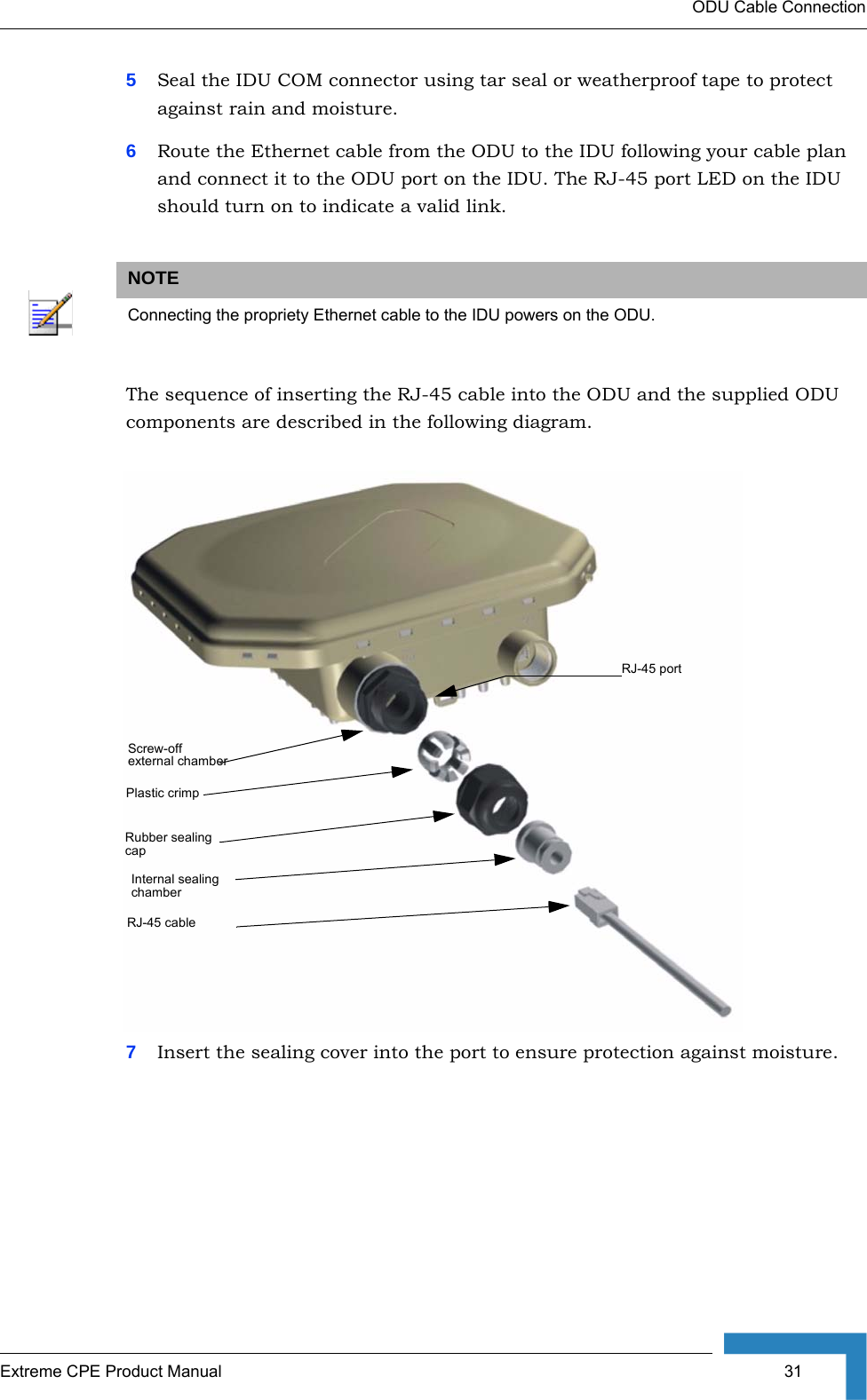 ODU Cable ConnectionExtreme CPE Product Manual  315Seal the IDU COM connector using tar seal or weatherproof tape to protect against rain and moisture.6Route the Ethernet cable from the ODU to the IDU following your cable plan and connect it to the ODU port on the IDU. The RJ-45 port LED on the IDU should turn on to indicate a valid link.The sequence of inserting the RJ-45 cable into the ODU and the supplied ODU components are described in the following diagram.7Insert the sealing cover into the port to ensure protection against moisture. NOTEConnecting the propriety Ethernet cable to the IDU powers on the ODU.RJ-45 cableRubber sealing capPlastic crimpInternal sealing chamberScrew-off external chamberRJ-45 port