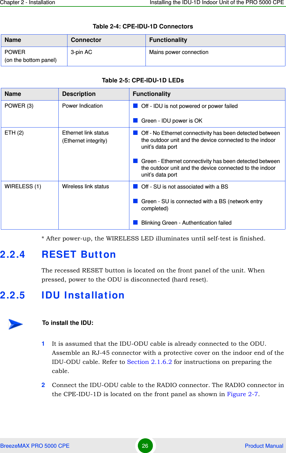 Chapter 2 - Installation Installing the IDU-1D Indoor Unit of the PRO 5000 CPEBreezeMAX PRO 5000 CPE 26  Product Manual* After power-up, the WIRELESS LED illuminates until self-test is finished.2.2.4 RESET ButtonThe recessed RESET button is located on the front panel of the unit. When pressed, power to the ODU is disconnected (hard reset).2.2.5 IDU Installation1It is assumed that the IDU-ODU cable is already connected to the ODU. Assemble an RJ-45 connector with a protective cover on the indoor end of the IDU-ODU cable. Refer to Section 2.1.6.2 for instructions on preparing the cable.2Connect the IDU-ODU cable to the RADIO connector. The RADIO connector in the CPE-IDU-1D is located on the front panel as shown in Figure 2-7.POWER(on the bottom panel)3-pin AC  Mains power connectionTable 2-5: CPE-IDU-1D LEDsName  Description FunctionalityPOWER (3) Power Indication Off - IDU is not powered or power failedGreen - IDU power is OKETH (2) Ethernet link status (Ethernet integrity)Off - No Ethernet connectivity has been detected between the outdoor unit and the device connected to the indoor unit’s data portGreen - Ethernet connectivity has been detected between the outdoor unit and the device connected to the indoor unit’s data portWIRELESS (1) Wireless link status Off - SU is not associated with a BSGreen - SU is connected with a BS (network entry completed)Blinking Green - Authentication failedTo install the IDU:Table 2-4: CPE-IDU-1D ConnectorsName Connector Functionality