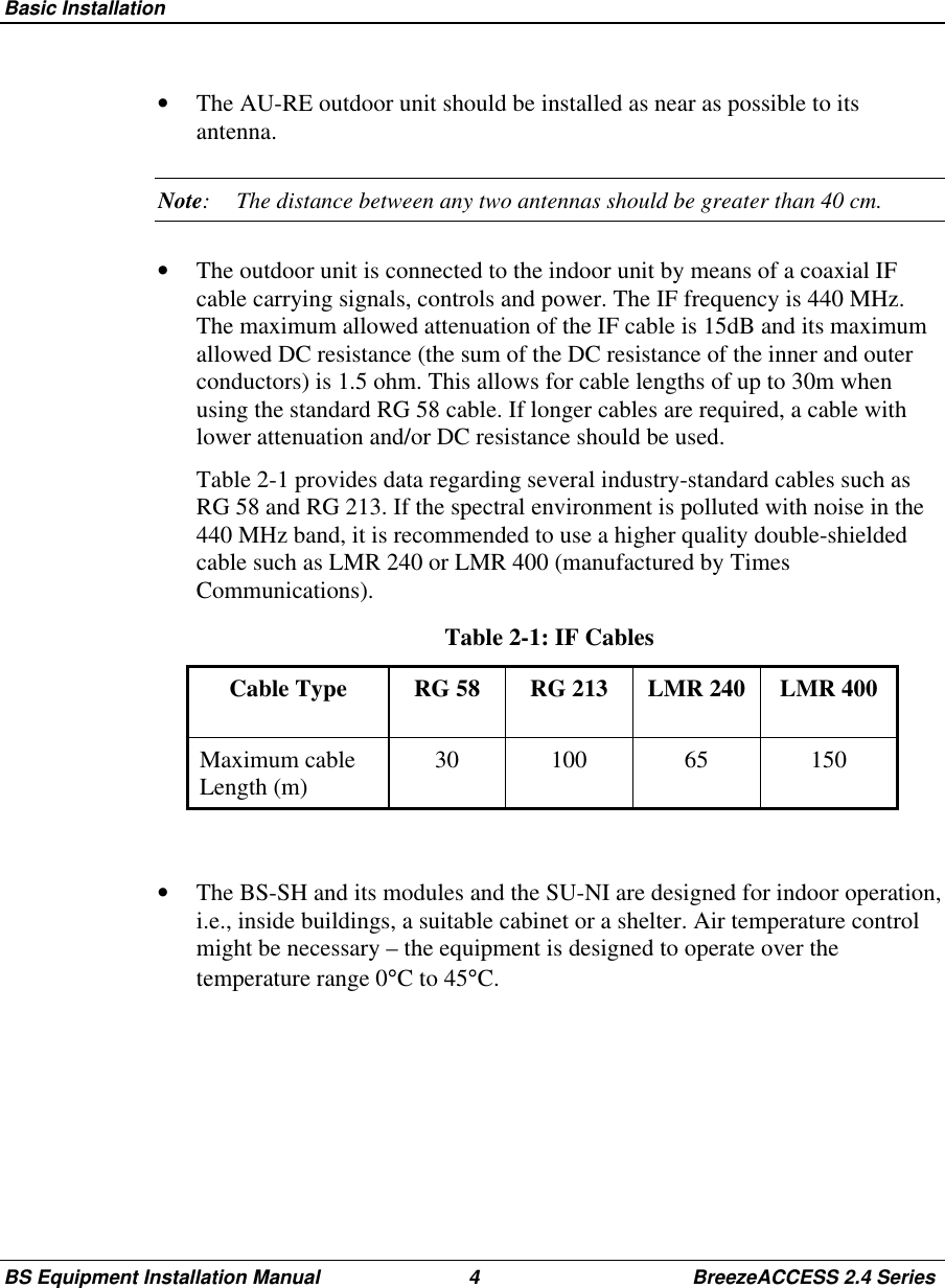 Basic InstallationBS Equipment Installation Manual 4 BreezeACCESS 2.4 Series•  The AU-RE outdoor unit should be installed as near as possible to itsantenna.Note: The distance between any two antennas should be greater than 40 cm.•  The outdoor unit is connected to the indoor unit by means of a coaxial IFcable carrying signals, controls and power. The IF frequency is 440 MHz.The maximum allowed attenuation of the IF cable is 15dB and its maximumallowed DC resistance (the sum of the DC resistance of the inner and outerconductors) is 1.5 ohm. This allows for cable lengths of up to 30m whenusing the standard RG 58 cable. If longer cables are required, a cable withlower attenuation and/or DC resistance should be used. Table 2-1 provides data regarding several industry-standard cables such asRG 58 and RG 213. If the spectral environment is polluted with noise in the440 MHz band, it is recommended to use a higher quality double-shieldedcable such as LMR 240 or LMR 400 (manufactured by TimesCommunications). Table 2-1: IF Cables Cable  Type  RG  58  RG  213  LMR  240  LMR  400 Maximum  cableLength (m)  30  100  65  150•  The BS-SH and its modules and the SU-NI are designed for indoor operation,i.e., inside buildings, a suitable cabinet or a shelter. Air temperature controlmight be necessary – the equipment is designed to operate over thetemperature range 0°C to 45°C.