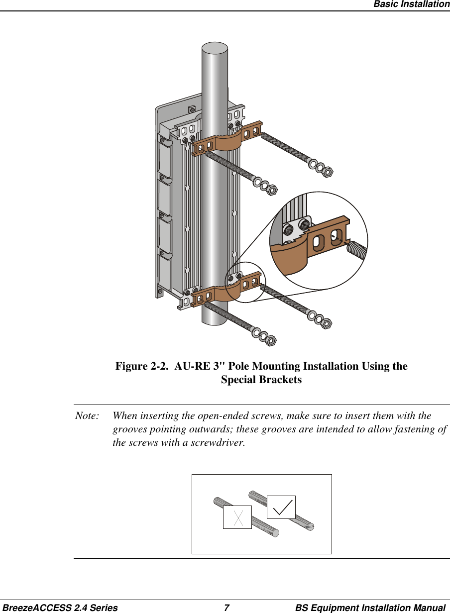 Basic InstallationBreezeACCESS 2.4 Series 7 BS Equipment Installation ManualFigure 2-2.  AU-RE 3&quot; Pole Mounting Installation Using theSpecial BracketsNote: When inserting the open-ended screws, make sure to insert them with thegrooves pointing outwards; these grooves are intended to allow fastening ofthe screws with a screwdriver.