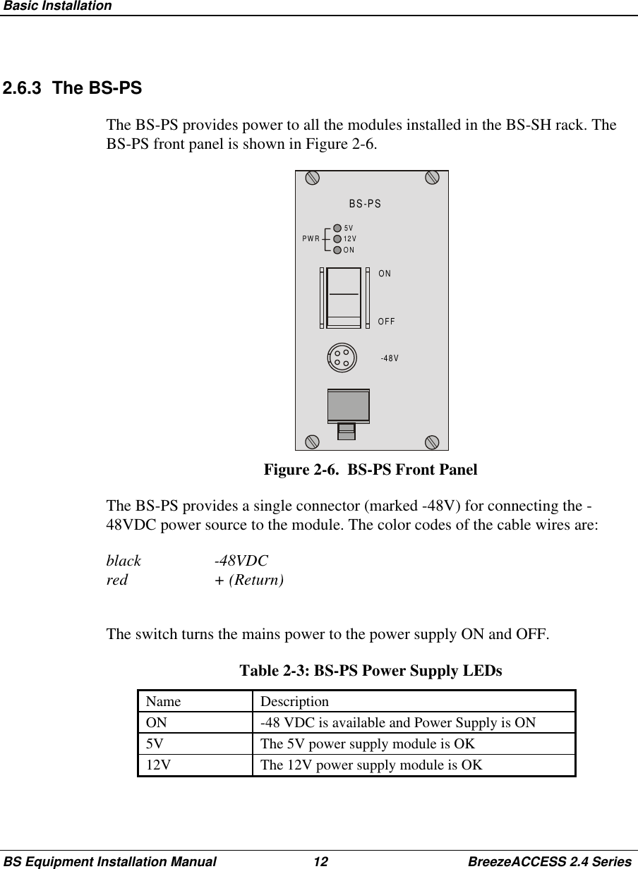 Basic InstallationBS Equipment Installation Manual 12 BreezeACCESS 2.4 Series2.6.3 The BS-PSThe BS-PS provides power to all the modules installed in the BS-SH rack. TheBS-PS front panel is shown in Figure 2-6.BS-PSOFFON-48V12V5VONPWRFigure 2-6.  BS-PS Front PanelThe BS-PS provides a single connector (marked -48V) for connecting the -48VDC power source to the module. The color codes of the cable wires are:black -48VDCred + (Return)The switch turns the mains power to the power supply ON and OFF. Table 2-3: BS-PS Power Supply LEDs Name  Description ON  -48 VDC is available and Power Supply is ON 5V  The 5V power supply module is OK 12V  The 12V power supply module is OK