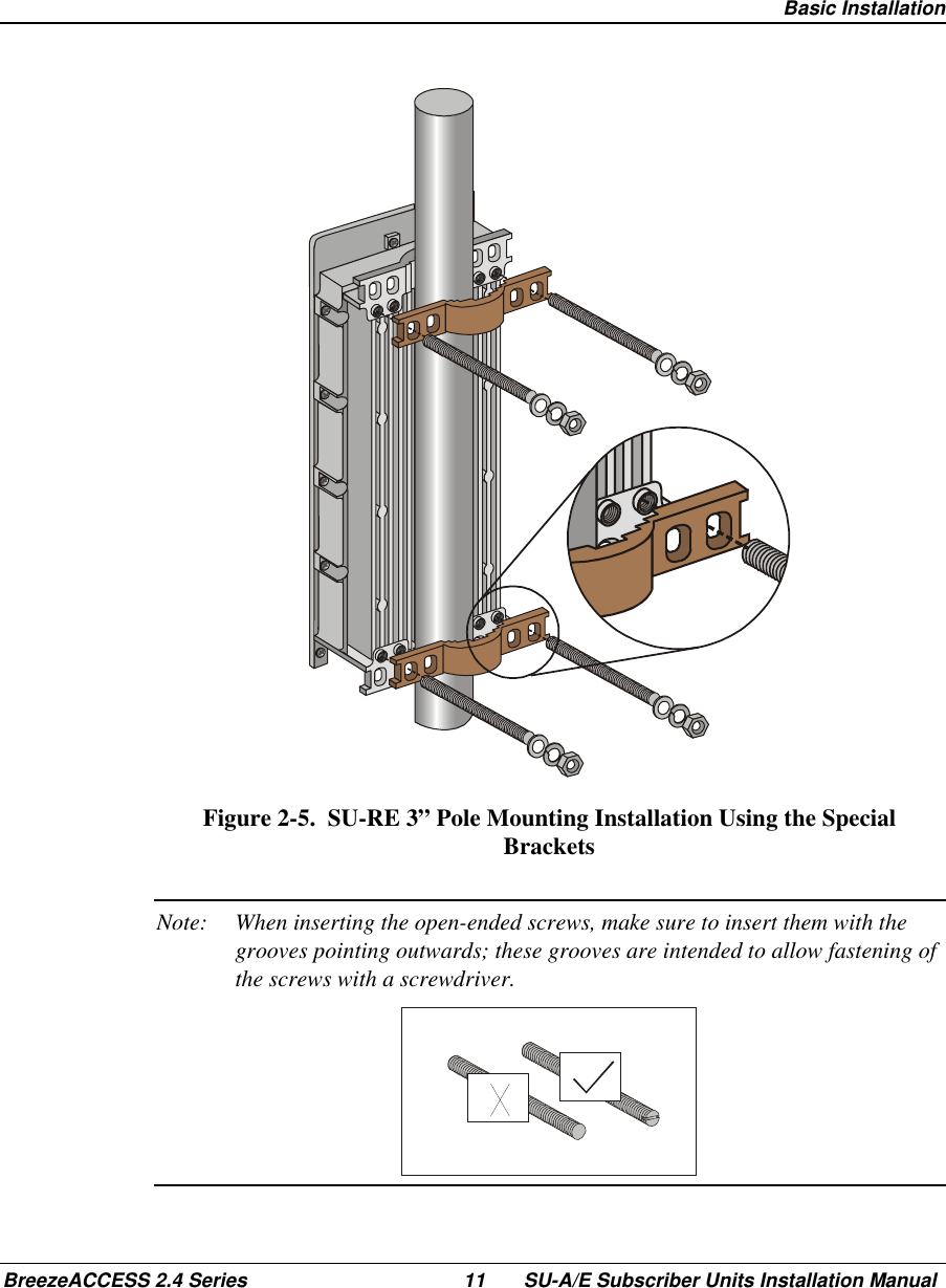  Basic InstallationBreezeACCESS 2.4 Series 11 SU-A/E Subscriber Units Installation ManualFigure 2-5.  SU-RE 3” Pole Mounting Installation Using the SpecialBracketsNote: When inserting the open-ended screws, make sure to insert them with thegrooves pointing outwards; these grooves are intended to allow fastening ofthe screws with a screwdriver.