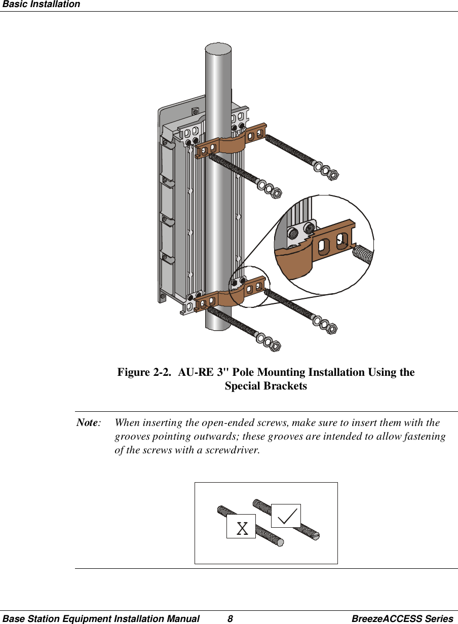 Basic InstallationBase Station Equipment Installation Manual 8 BreezeACCESS SeriesFigure 2-2.  AU-RE 3&quot; Pole Mounting Installation Using theSpecial BracketsNote: When inserting the open-ended screws, make sure to insert them with thegrooves pointing outwards; these grooves are intended to allow fasteningof the screws with a screwdriver.x