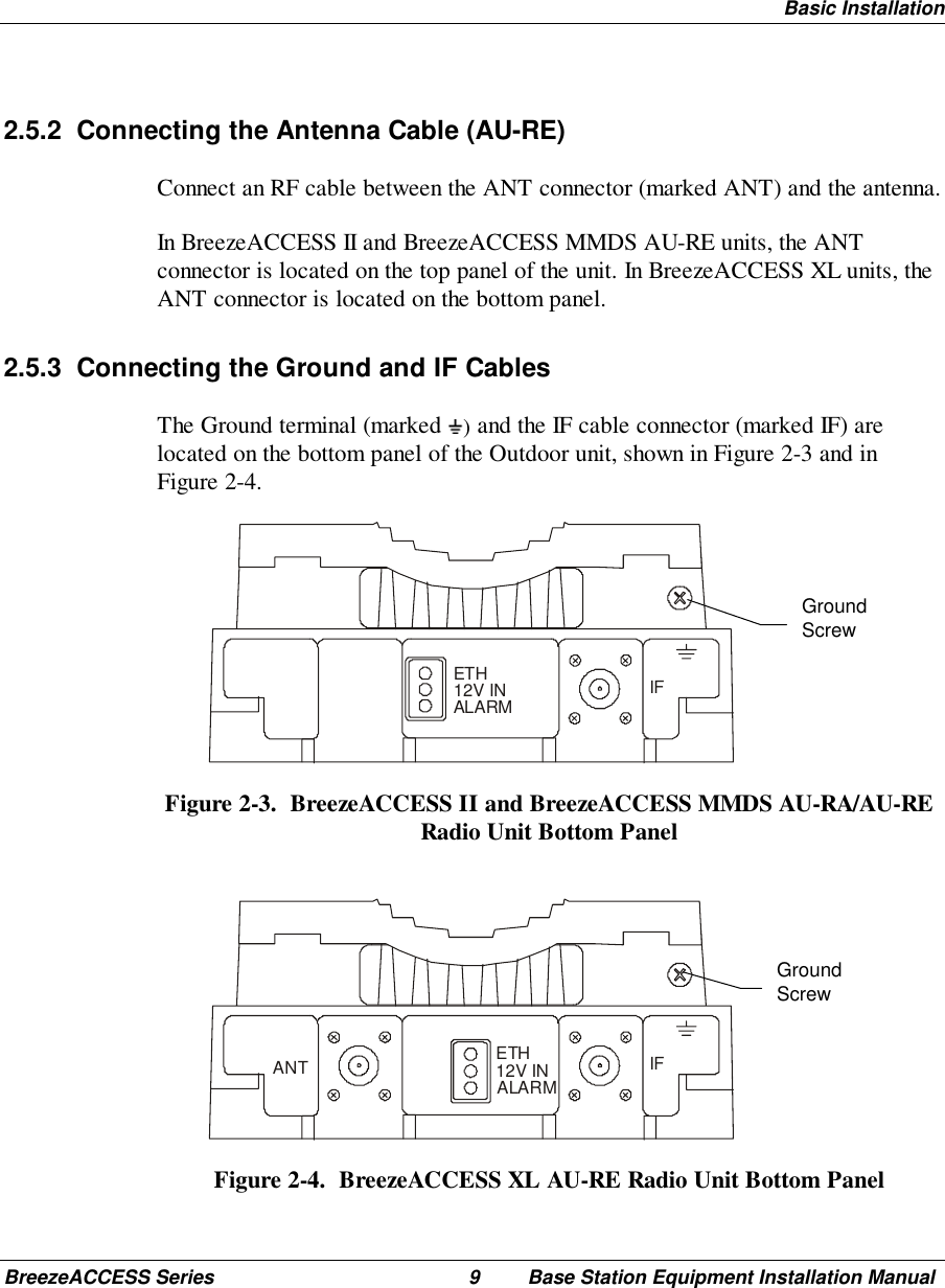 Basic InstallationBreezeACCESS Series 9 Base Station Equipment Installation Manual2.5.2  Connecting the Antenna Cable (AU-RE)Connect an RF cable between the ANT connector (marked ANT) and the antenna.In BreezeACCESS II and BreezeACCESS MMDS AU-RE units, the ANTconnector is located on the top panel of the unit. In BreezeACCESS XL units, theANT connector is located on the bottom panel.2.5.3  Connecting the Ground and IF CablesThe Ground terminal (marked  ) and the IF cable connector (marked IF) arelocated on the bottom panel of the Outdoor unit, shown in Figure 2-3 and inFigure 2-4.ETHALARM IF12V INFigure 2-3.  BreezeACCESS II and BreezeACCESS MMDS AU-RA/AU-RERadio Unit Bottom PanelETH IF12V INANT ALARMFigure 2-4.  BreezeACCESS XL AU-RE Radio Unit Bottom PanelGroundScrewGroundScrew