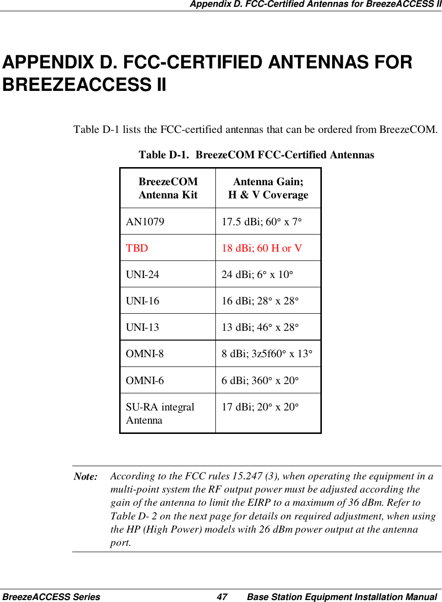 Appendix D. FCC-Certified Antennas for BreezeACCESS IIBreezeACCESS Series 47 Base Station Equipment Installation ManualAPPENDIX D. FCC-CERTIFIED ANTENNAS FORBREEZEACCESS IITable D-1 lists the FCC-certified antennas that can be ordered from BreezeCOM.Table D-1.  BreezeCOM FCC-Certified AntennasBreezeCOMAntenna Kit Antenna Gain;H &amp; V CoverageAN1079 17.5 dBi; 60° x 7°TBD 18 dBi; 60 H or VUNI-24 24 dBi; 6° x 10°UNI-16 16 dBi; 28° x 28°UNI-13 13 dBi; 46° x 28°OMNI-8 8 dBi; 3z5f60° x 13°OMNI-6 6 dBi; 360° x 20°SU-RA integralAntenna 17 dBi; 20° x 20°Note: According to the FCC rules 15.247 (3), when operating the equipment in amulti-point system the RF output power must be adjusted according thegain of the antenna to limit the EIRP to a maximum of 36 dBm. Refer toTable D- 2 on the next page for details on required adjustment, when usingthe HP (High Power) models with 26 dBm power output at the antennaport.