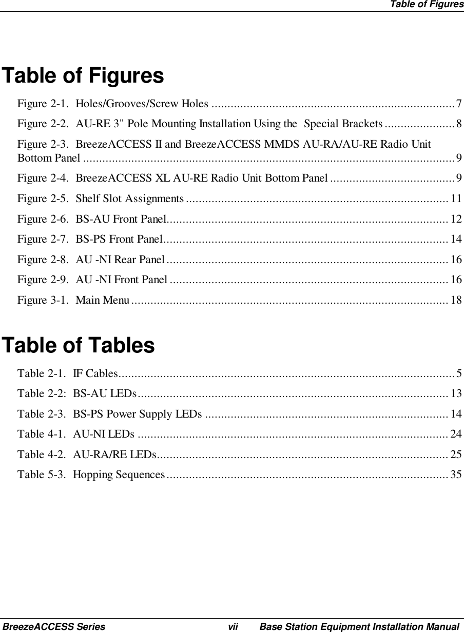  Table of FiguresBreezeACCESS Series vii Base Station Equipment Installation ManualTable of FiguresFigure 2-1.  Holes/Grooves/Screw Holes ............................................................................7Figure 2-2.  AU-RE 3&quot; Pole Mounting Installation Using the  Special Brackets......................8Figure 2-3.  BreezeACCESS II and BreezeACCESS MMDS AU-RA/AU-RE Radio UnitBottom Panel ....................................................................................................................9Figure 2-4.  BreezeACCESS XL AU-RE Radio Unit Bottom Panel.......................................9Figure 2-5.  Shelf Slot Assignments..................................................................................11Figure 2-6.  BS-AU Front Panel........................................................................................12Figure 2-7.  BS-PS Front Panel......................................................................................... 14Figure 2-8.  AU -NI Rear Panel........................................................................................16Figure 2-9.  AU -NI Front Panel.......................................................................................16Figure 3-1.  Main Menu...................................................................................................18Table of TablesTable 2-1.  IF Cables.........................................................................................................5Table 2-2:  BS-AU LEDs.................................................................................................13Table 2-3.  BS-PS Power Supply LEDs ............................................................................14Table 4-1.  AU-NI LEDs .................................................................................................24Table 4-2.  AU-RA/RE LEDs...........................................................................................25Table 5-3.  Hopping Sequences........................................................................................35