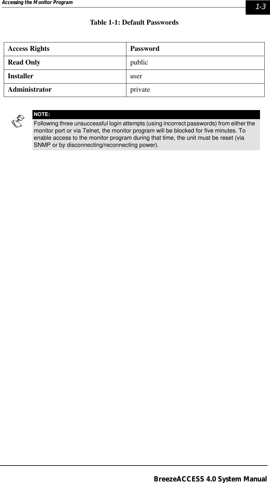 Accessing the Monitor Program  1-3BreezeACCESS 4.0 System ManualTable 1-1: Default PasswordsAccess Rights PasswordRead Only publicInstaller userAdministrator privateNOTE:Following three unsuccessful login attempts (using incorrect passwords) from either the monitor port or via Telnet, the monitor program will be blocked for five minutes. To enable access to the monitor program during that time, the unit must be reset (via SNMP or by disconnecting/reconnecting power).