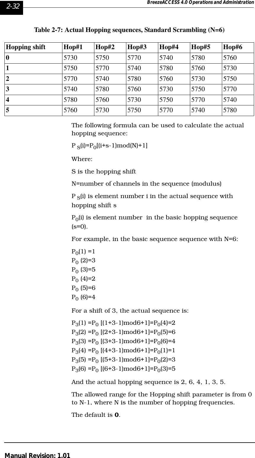 2-32 BreezeACCESS 4.0 Operations and AdministrationManual Revision: 1.01Table 2-7: Actual Hopping sequences, Standard Scrambling (N=6)The following formula can be used to calculate the actual hopping sequence:P S(i)=P0[(i+s-1)mod(N)+1]Where:S is the hopping shiftN=number of channels in the sequence (modulus)P S(i) is element number i in the actual sequence with hopping shift sP0(i) is element number  in the basic hopping sequence (s=0).For example, in the basic sequence sequence with N=6:P0(1) =1P0 (2)=3P0 (3)=5P0 (4)=2P0 (5)=6P0 (6)=4For a shift of 3, the actual sequence is:P3(1) =P0 [(1+3-1)mod6+1]=P0(4)=2P3(2) =P0 [(2+3-1)mod6+1]=P0(5)=6P3(3) =P0 [(3+3-1)mod6+1]=P0(6)=4P3(4) =P0 [(4+3-1)mod6+1]=P0(1)=1P3(5) =P0 [(5+3-1)mod6+1]=P0(2)=3P3(6) =P0 [(6+3-1)mod6+1]=P0(3)=5And the actual hopping sequence is 2, 6, 4, 1, 3, 5.The allowed range for the Hopping shift parameter is from 0 to N-1, where N is the number of hopping frequencies. The default is 0.Hopping shift Hop#1 Hop#2 Hop#3 Hop#4 Hop#5 Hop#605730 5750 5770 5740 5780 576015750 5770 5740 5780 5760 573025770 5740 5780 5760 5730 575035740 5780 5760 5730 5750 577045780 5760 5730 5750 5770 574055760 5730 5750 5770 5740 5780