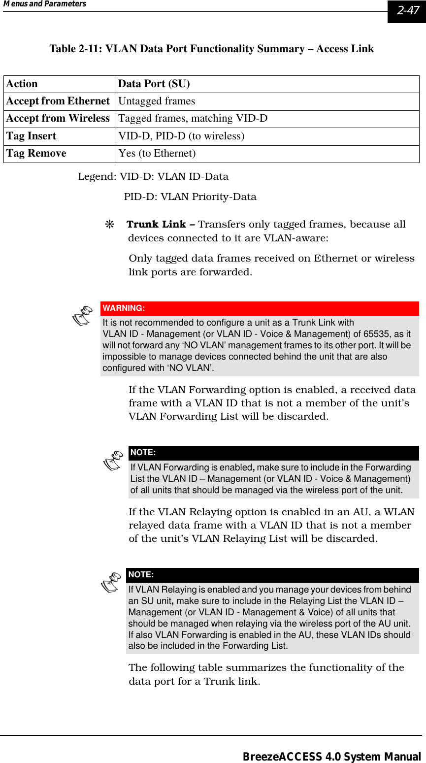 Menus and Parameters   2-47BreezeACCESS 4.0 System ManualTable 2-11: VLAN Data Port Functionality Summary – Access LinkLegend: VID-D: VLAN ID-Data              PID-D: VLAN Priority-Data#Trunk Link – Transfers only tagged frames, because all devices connected to it are VLAN-aware:Only tagged data frames received on Ethernet or wireless link ports are forwarded. If the VLAN Forwarding option is enabled, a received data frame with a VLAN ID that is not a member of the unit’s VLAN Forwarding List will be discarded. If the VLAN Relaying option is enabled in an AU, a WLAN relayed data frame with a VLAN ID that is not a member of the unit’s VLAN Relaying List will be discarded. The following table summarizes the functionality of the data port for a Trunk link.Action Data Port (SU)Accept from Ethernet Untagged framesAccept from Wireless Tagged frames, matching VID-D Tag Insert  VID-D, PID-D (to wireless)Tag Remove Yes (to Ethernet)WARNING:It is not recommended to configure a unit as a Trunk Link with VLAN ID - Management (or VLAN ID - Voice &amp; Management) of 65535, as it will not forward any ‘NO VLAN’ management frames to its other port. It will be impossible to manage devices connected behind the unit that are also configured with ‘NO VLAN’.NOTE:If VLAN Forwarding is enabled, make sure to include in the Forwarding List the VLAN ID – Management (or VLAN ID - Voice &amp; Management) of all units that should be managed via the wireless port of the unit. NOTE:If VLAN Relaying is enabled and you manage your devices from behind an SU unit, make sure to include in the Relaying List the VLAN ID – Management (or VLAN ID - Management &amp; Voice) of all units that should be managed when relaying via the wireless port of the AU unit. If also VLAN Forwarding is enabled in the AU, these VLAN IDs should also be included in the Forwarding List. 