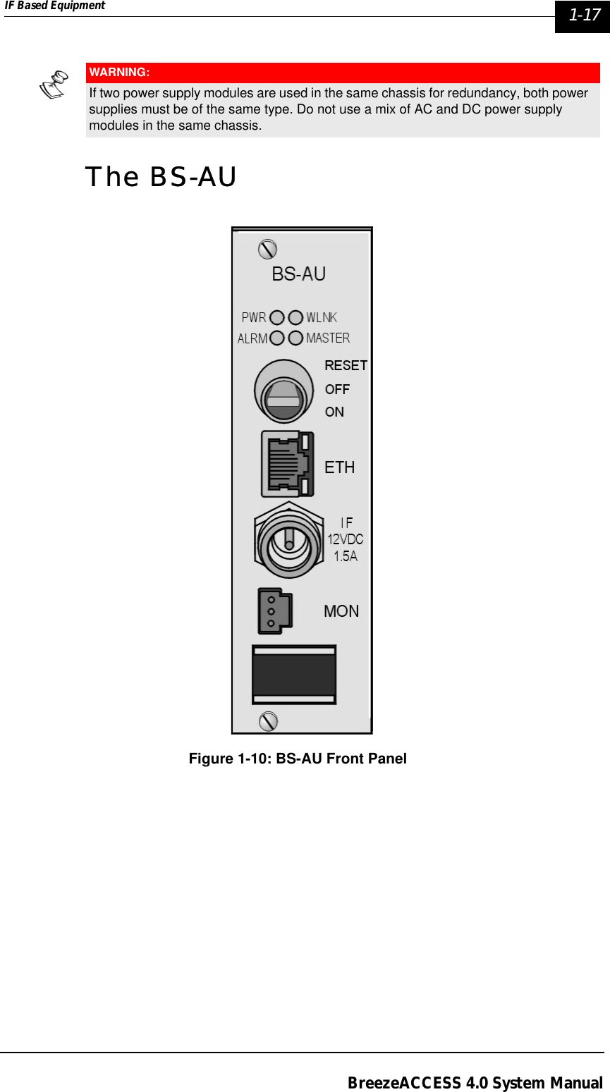 IF Based Equipment  1-17BreezeACCESS 4.0 System ManualThe BS-AUFigure 1-10: BS-AU Front PanelWARNING:If two power supply modules are used in the same chassis for redundancy, both power supplies must be of the same type. Do not use a mix of AC and DC power supply modules in the same chassis.