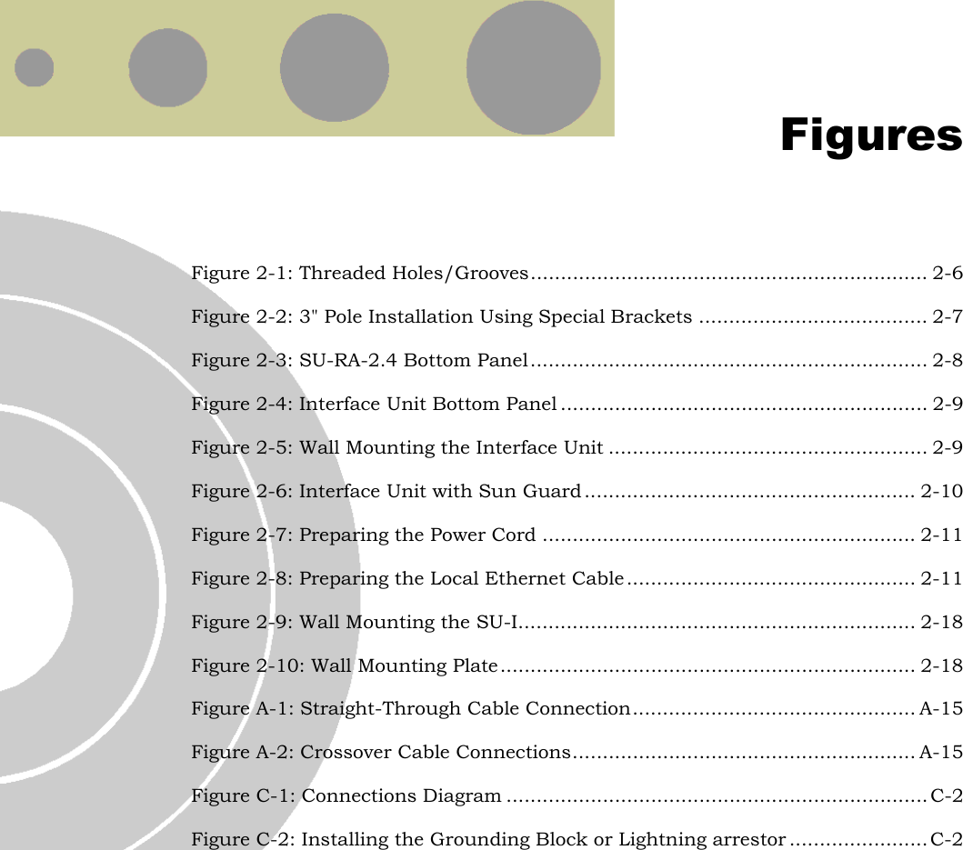  Figures Figure 2-1: Threaded Holes/Grooves .................................................................. 2-6 Figure 2-2: 3&quot; Pole Installation Using Special Brackets ...................................... 2-7 Figure 2-3: SU-RA-2.4 Bottom Panel .................................................................. 2-8 Figure 2-4: Interface Unit Bottom Panel ............................................................. 2-9 Figure 2-5: Wall Mounting the Interface Unit ..................................................... 2-9 Figure 2-6: Interface Unit with Sun Guard ....................................................... 2-10 Figure 2-7: Preparing the Power Cord .............................................................. 2-11 Figure 2-8: Preparing the Local Ethernet Cable ................................................ 2-11 Figure 2-9: Wall Mounting the SU-I .................................................................. 2-18 Figure 2-10: Wall Mounting Plate ..................................................................... 2-18 Figure A-1: Straight-Through Cable Connection ............................................... A-15 Figure A-2: Crossover Cable Connections ......................................................... A-15 Figure C-1: Connections Diagram ...................................................................... C-2 Figure C-2: Installing the Grounding Block or Lightning arrestor ....................... C-2   