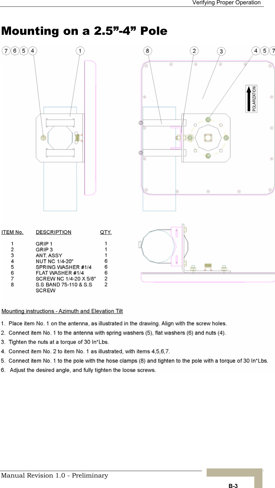  Verifying Proper Operation Mounting on a 2.5”-4” Pole      Manual Revision 1.0 - Preliminary   B-3 