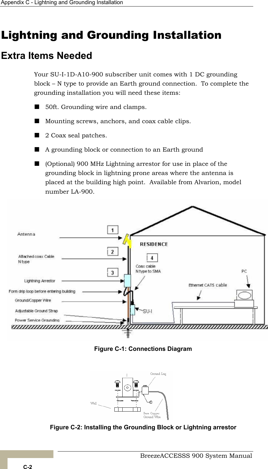 Appendix C - Lightning and Grounding Installation   Lightning and Grounding Installation Extra Items Needed Your SU-I-1D-A10-900 subscriber unit comes with 1 DC grounding block – N type to provide an Earth ground connection.  To complete the grounding installation you will need these items:   50ft. Grounding wire and clamps.  Mounting screw 2 Coax seal patches.  A grounding block or connection to an Earth ground  (Optional) 900 MHz Lightning arrestor for use in place of the grounding block in lightning prone areas where the antenna is placed at the building high point.  Available from Alvarion, model number LA-900. Figure C-1: Connections Diagram  Figure C-2: Installing the Grounding Block or Lightning arrestor s, anchors, and coax cable clips.   BreezeACCESSS 900 System Manual C-2 